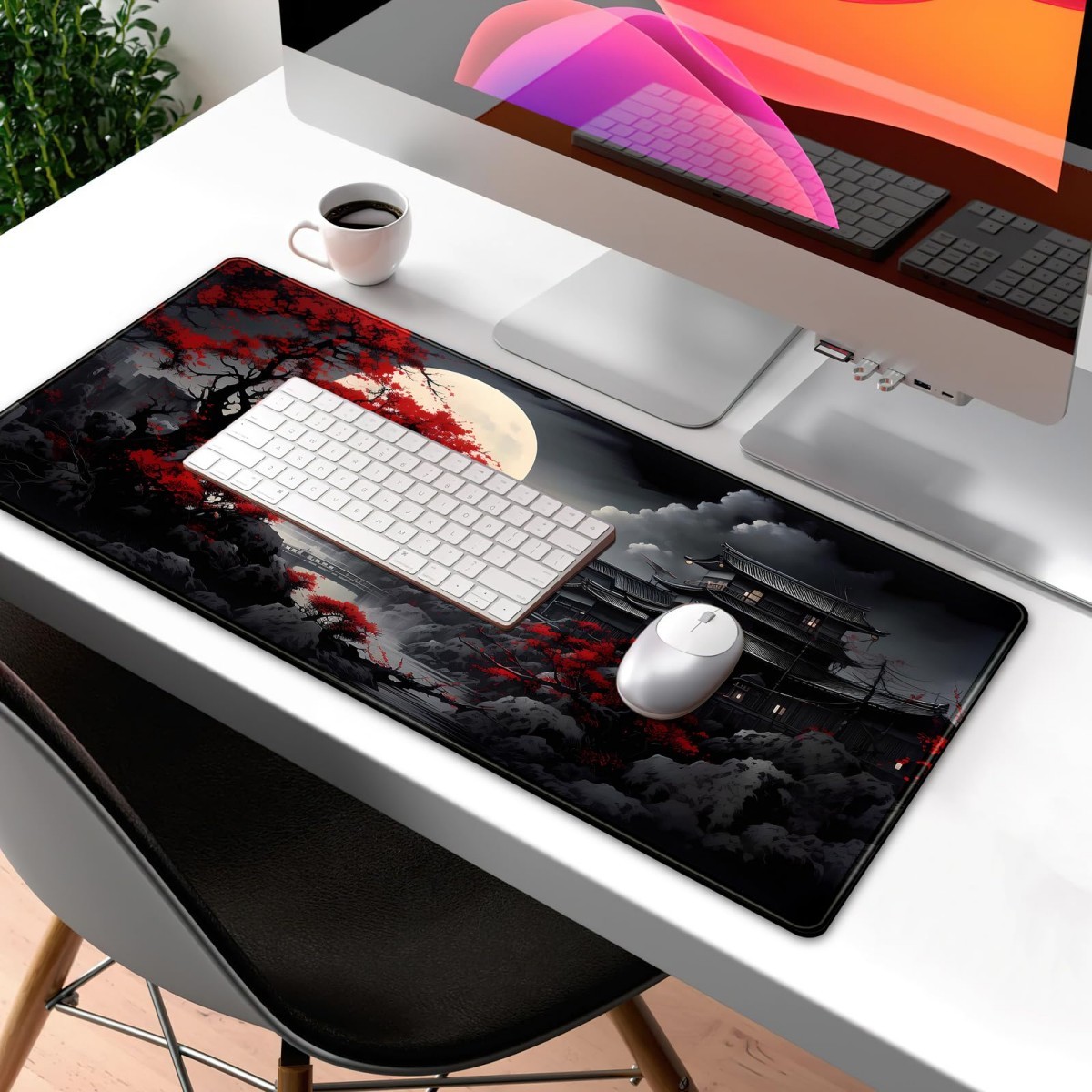 1pc Full Moon Table Mat, Japanese Style Desk Mat, Large Black and Red Mouse Pa