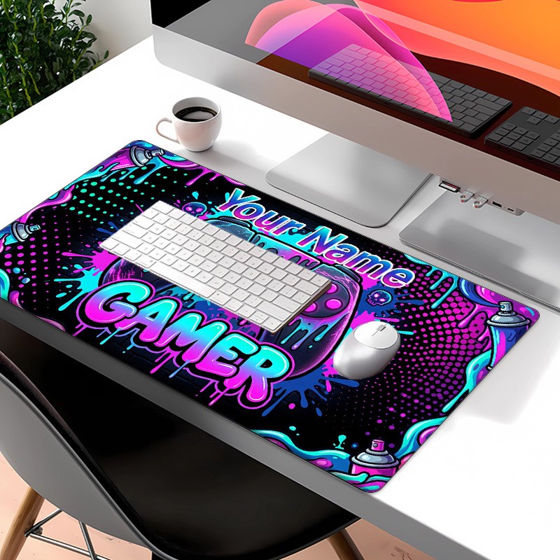 Personalized Neon Graffiti Gaming Mouse Pad with Name/Text - Non-Slip Rubber B