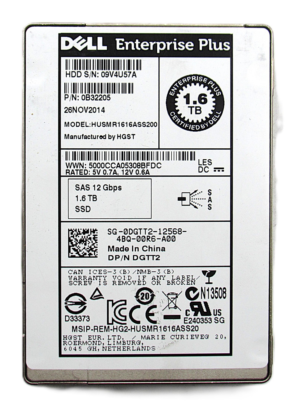 1.6TB DELL Enterprise Plus SSD HUSMR1616ASS200 SAS 12Gb/s 2.5" DGTT2 Drive