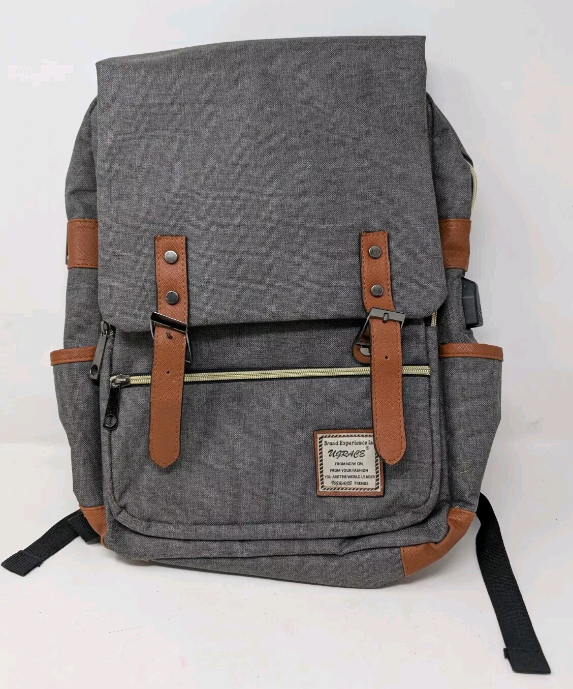Ugrace Backpack Laptop Book Bsg Canvas w/Leather Trim  USB Charging Port Work