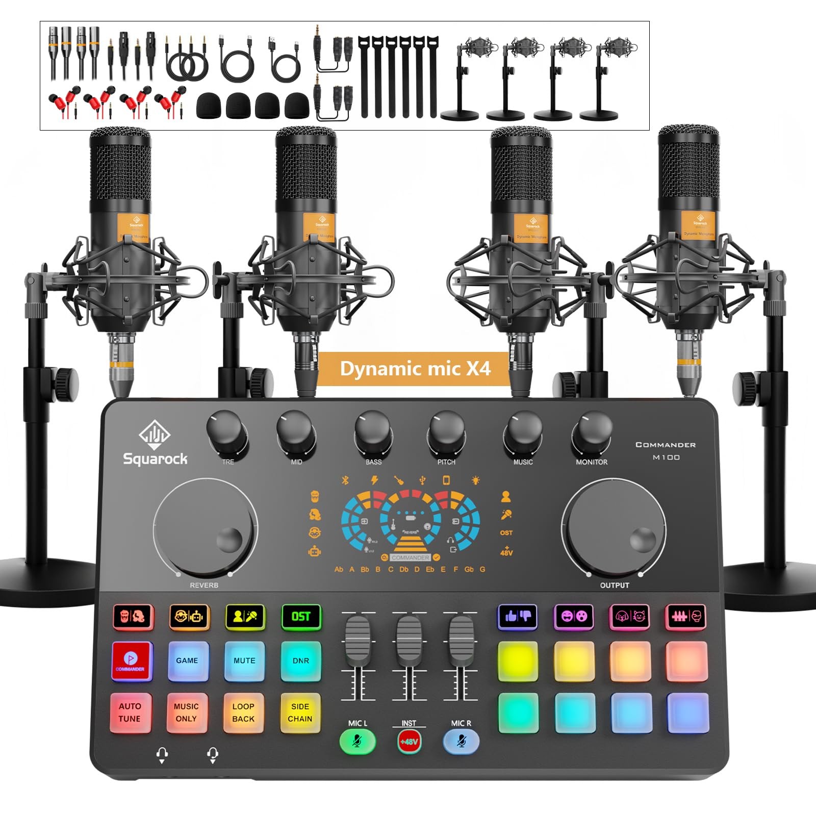 4 Person Podcast Equipment Bundle Mixer Dynamic Mics Recording Studio Yellow