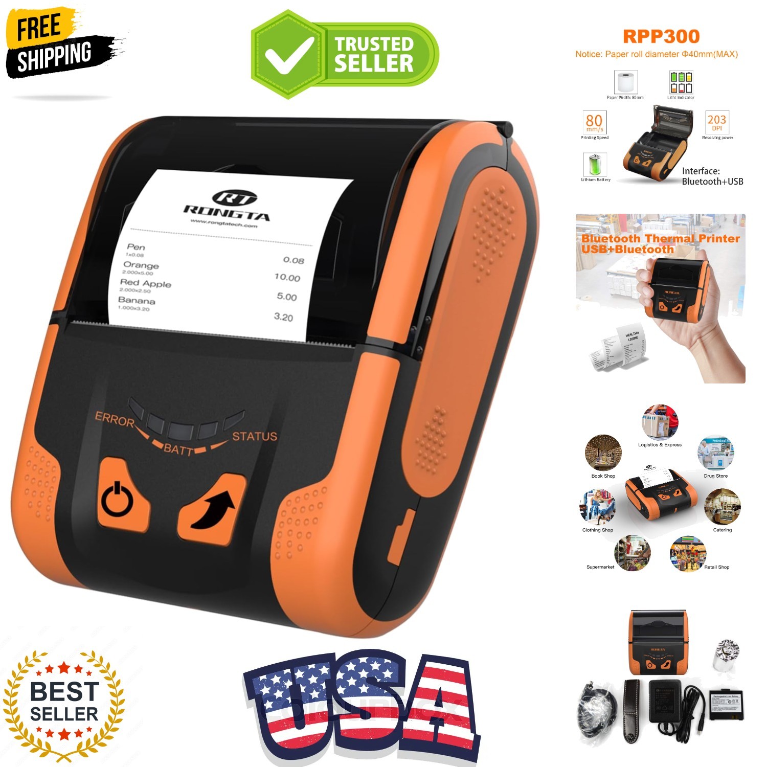 Portable 80mm POS Printer, Mobile Thermal Receipts Printer, USB&Bluetooth Con...