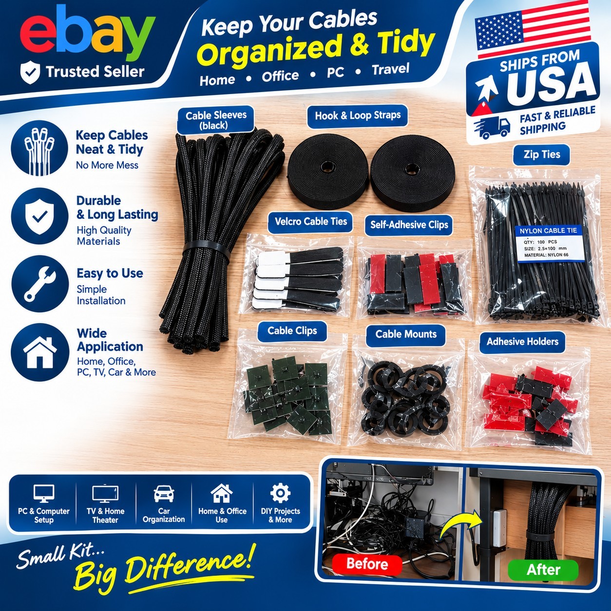 173 pcs. Cable Management Kit Wire/Cord Organizer Zip Ties Clips PC Computer