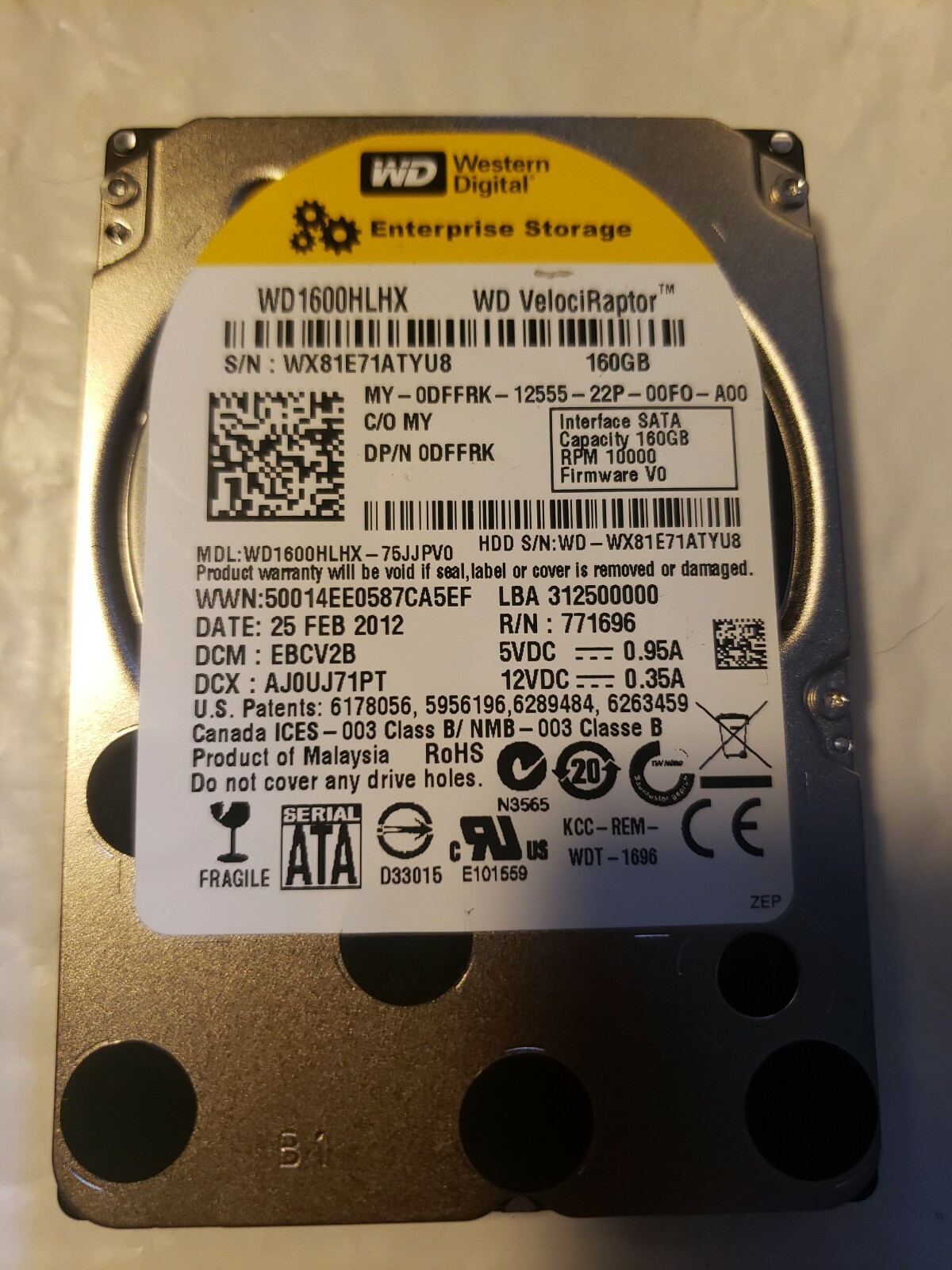 WD Raptor 160GB SATA 10K 2.5" WD1600HLHX  Cleaned, Tested