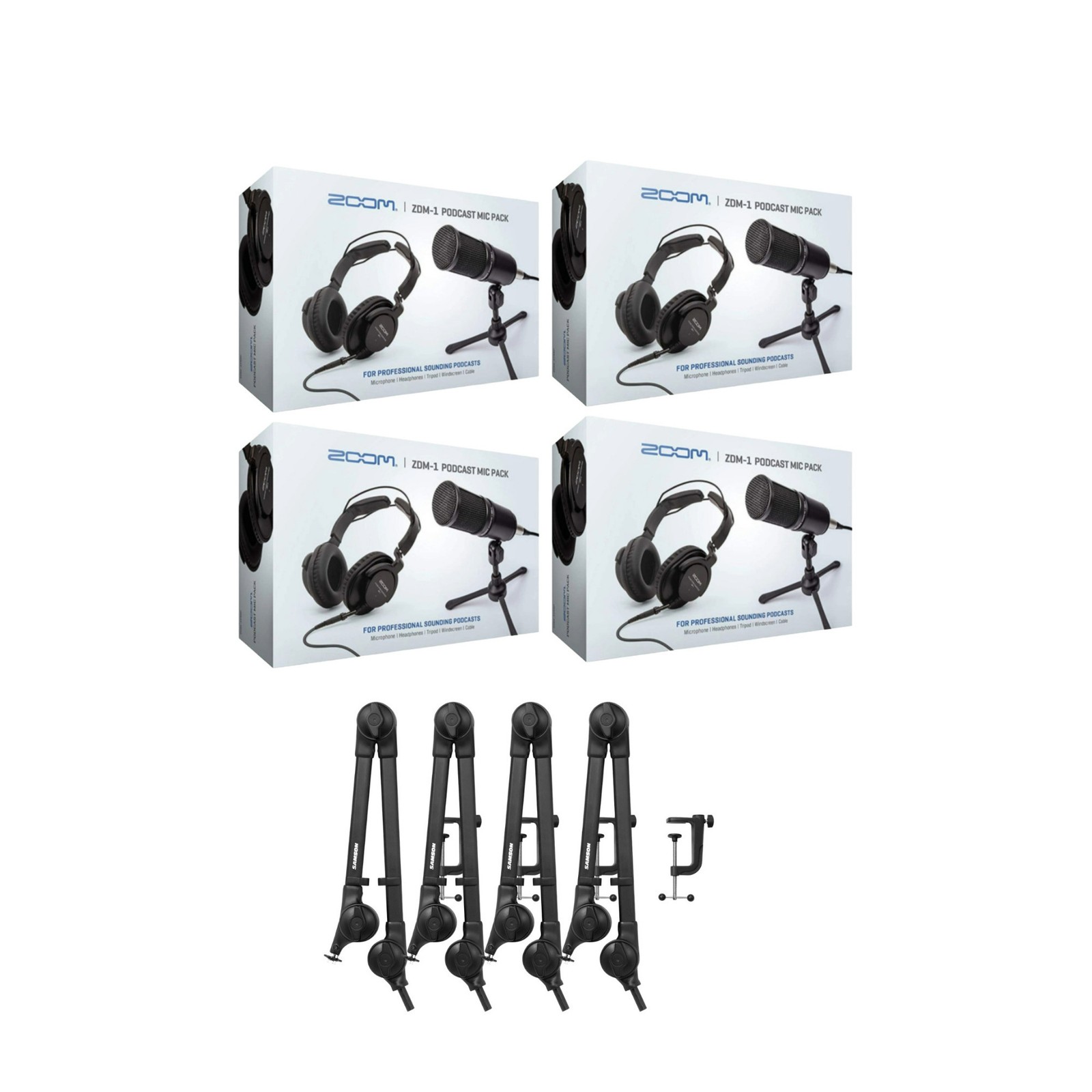 Zoom ZDM-1 4-Person Podcast Microphone Pack Boom Arm Bundle PRO