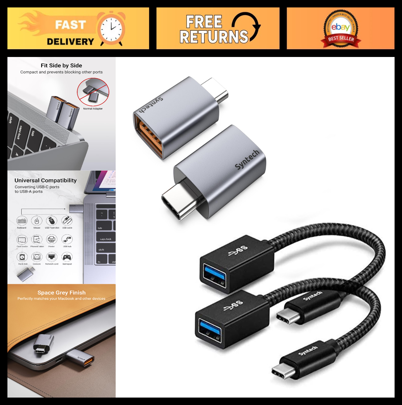 USB C to USB 3.2 Adapter 2 Pack, 10Gbps Gen 2 Side by Side, Fast Charging - Blac