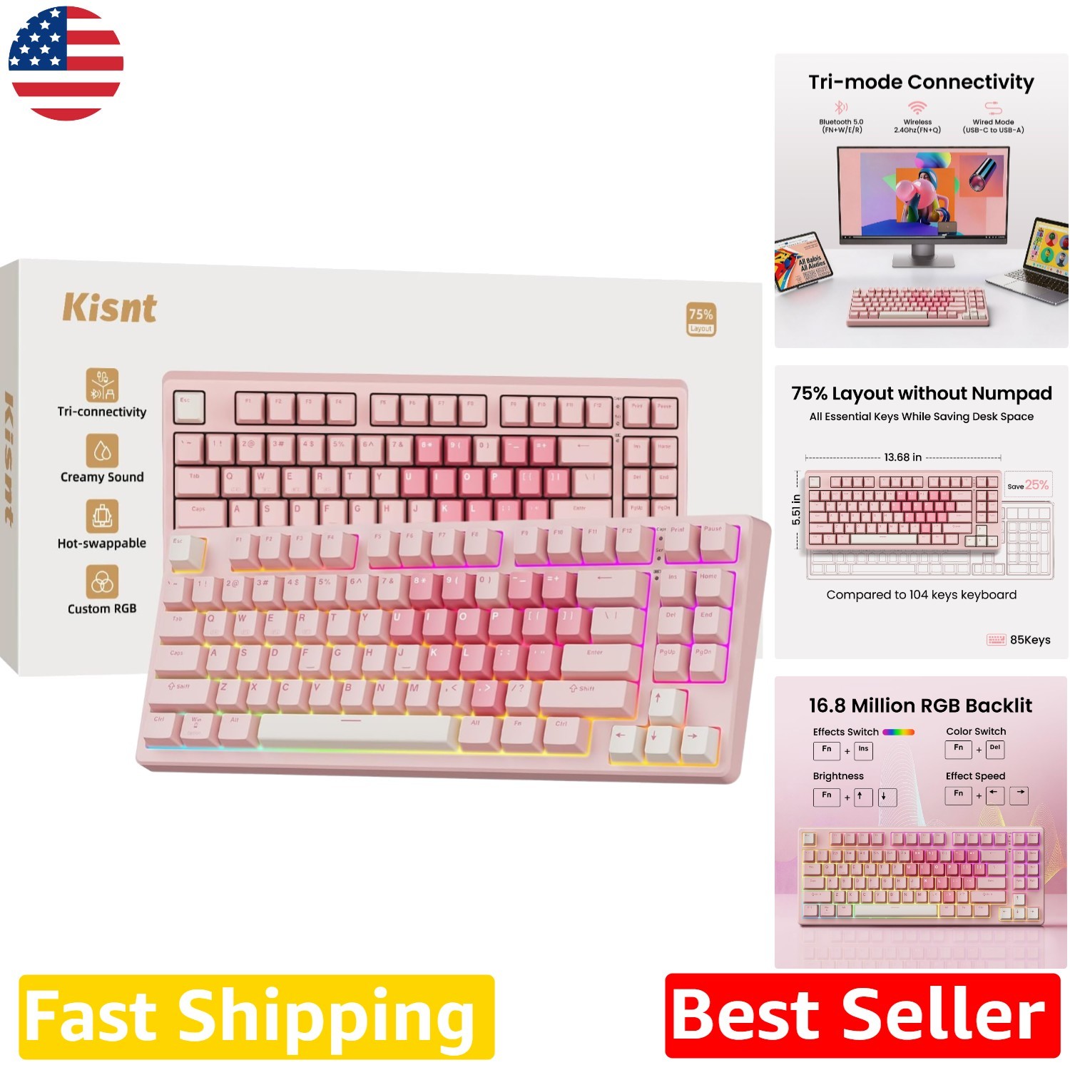 Rose Pink 75% Wireless Mechanical Keyboard, Hot-Swap RGB, Tri-Mode Gaming
