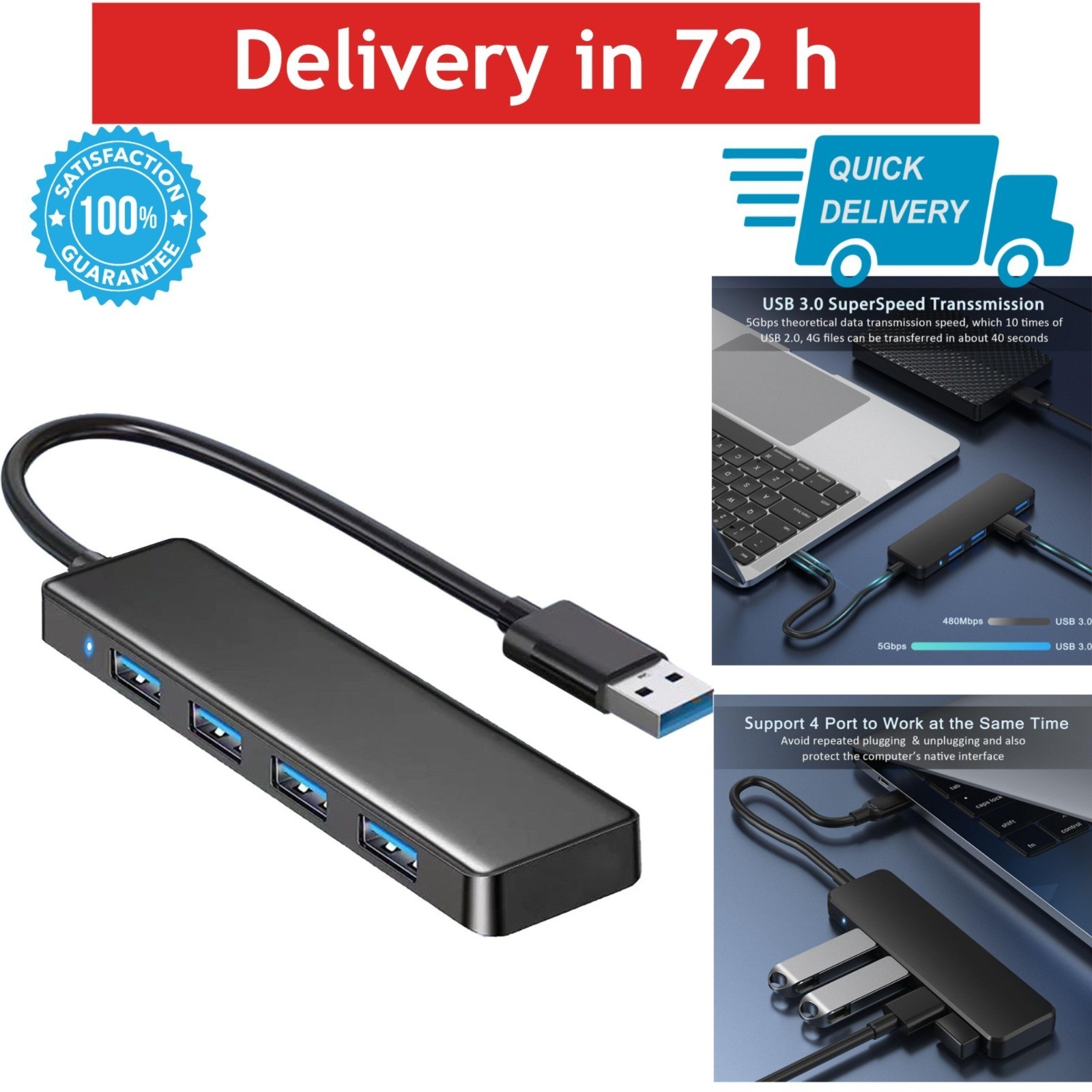 VIENON 4-Port USB 3.0 Hub USB-A Splitter Adapter with LED