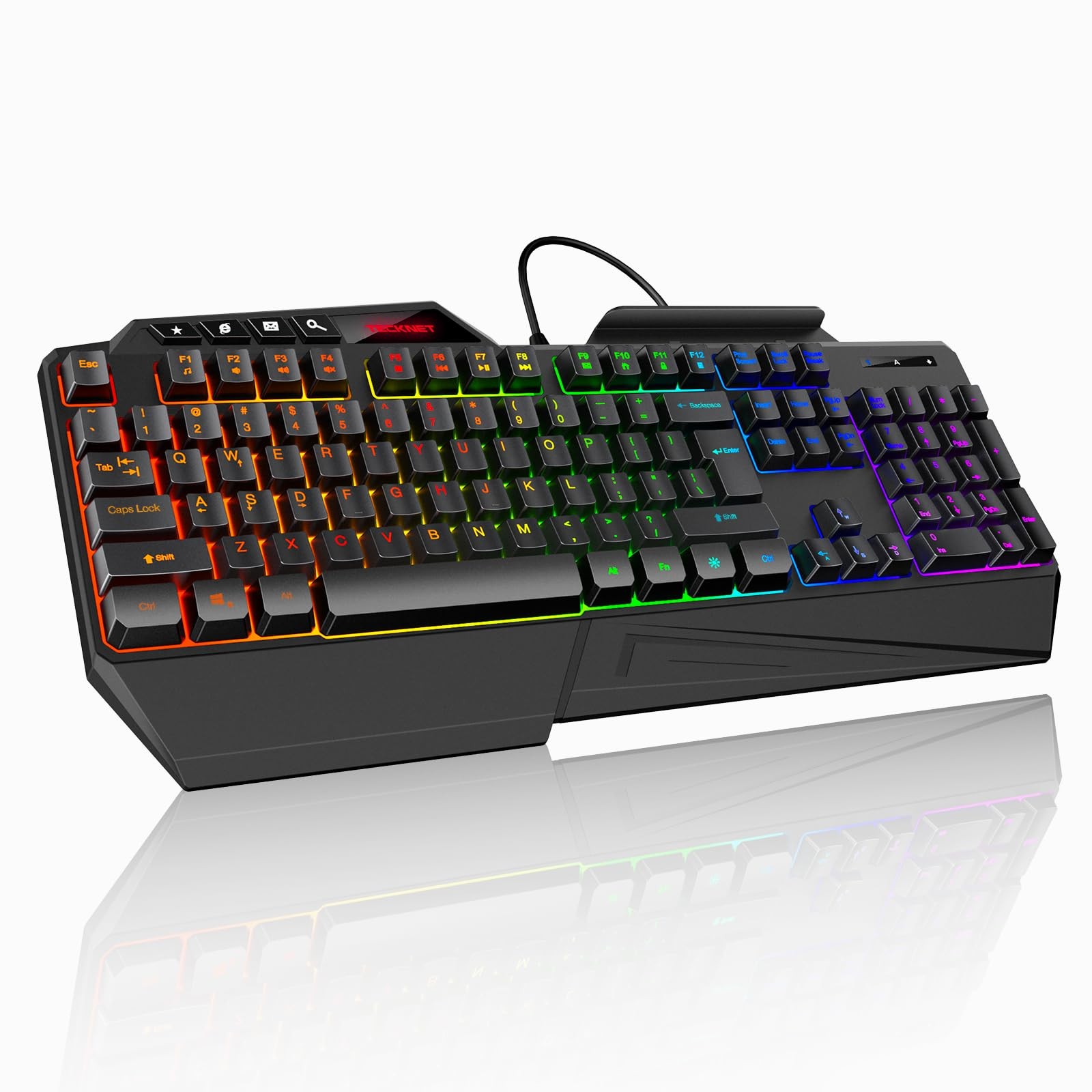 Wired Gaming Keyboard RGB Backlit Wrist Rest Phone Holder PC Computer Setup