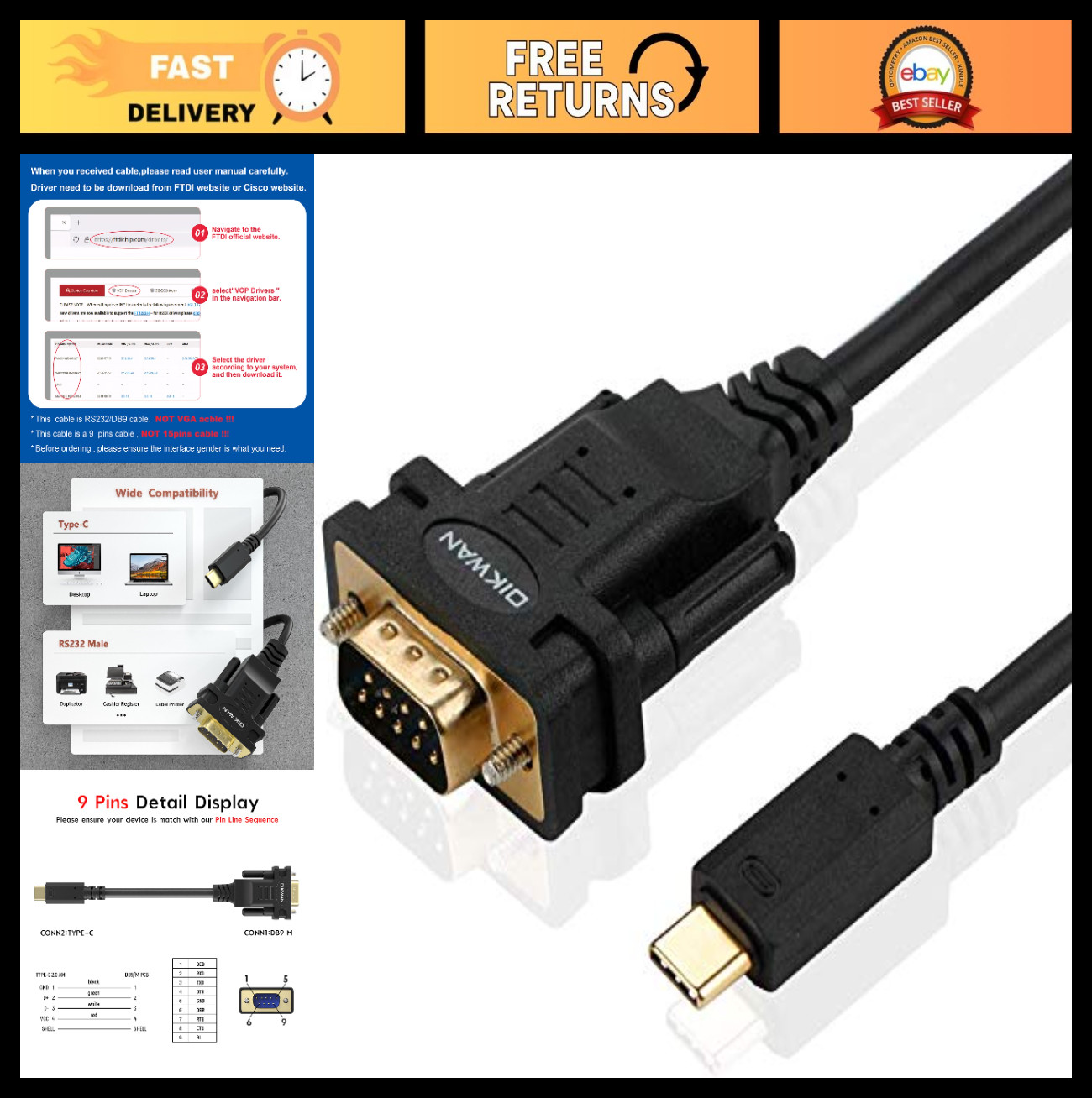 USB-C to RS232 DB9 Serial Adapter Cable with FTDI Chip - 10ft for Windows & Mac