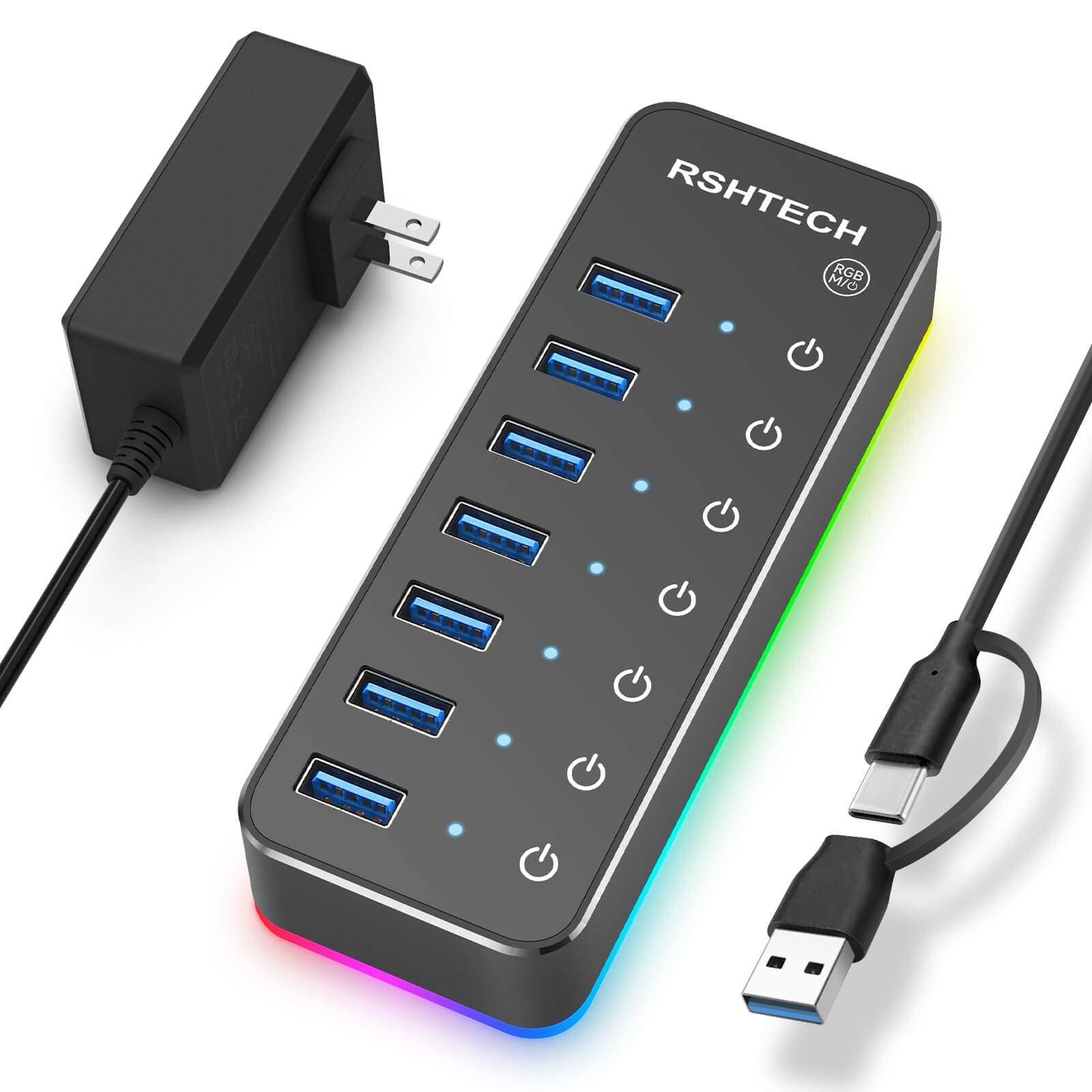 Powered USB Hub RGB 7 Ports USB 3.0/USB C 14 Mode LED Strip 3.3 Ft Adapter