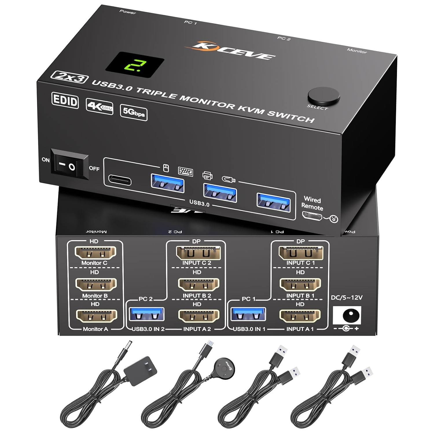 KVM Switch 3 Monitors 2 Computers EDID Simulation,4K@60Hz HDMI Displayport