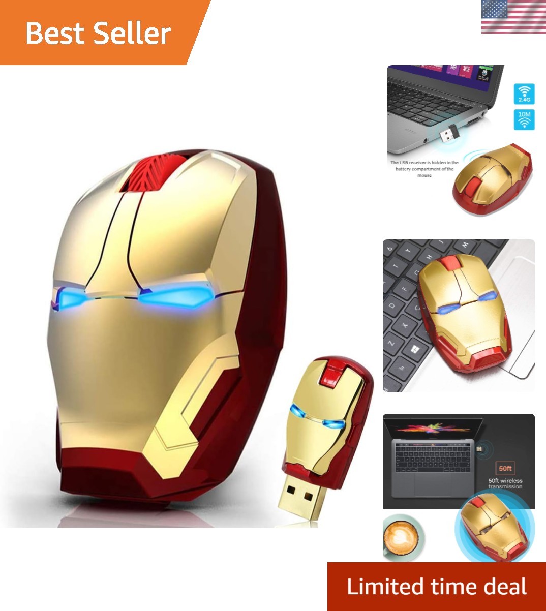Ergonomic Wireless Gaming Mouse, 2.4G Optical Control, Iron Man Design - Gold