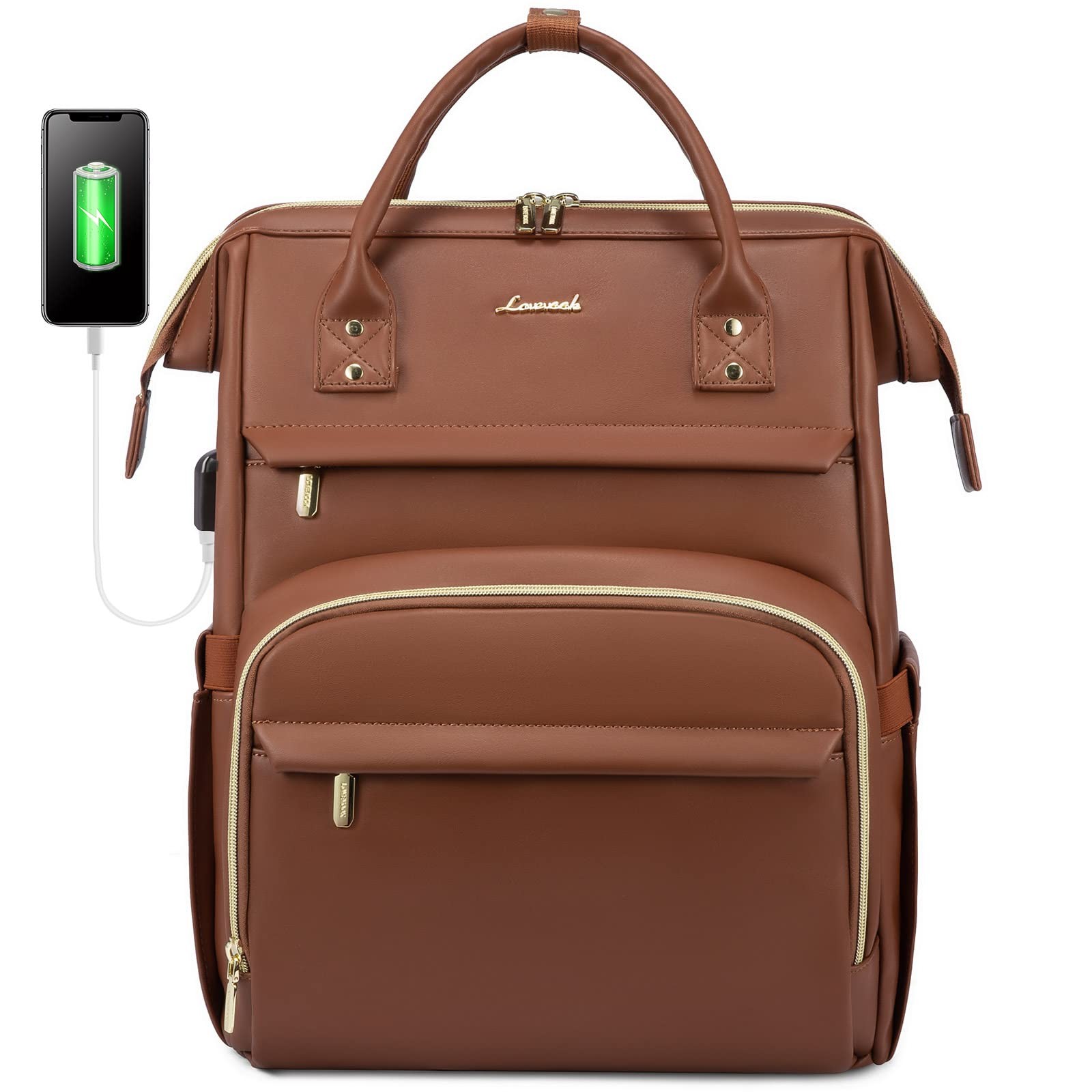 LOVEVOOK Leather Laptop Backpack for Women 15.6 inch,Travel Inch, Brown