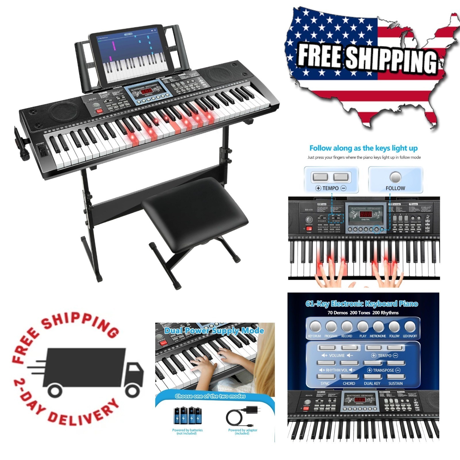 VEIYOUMO 61-Key Digital Piano Keyboard for Beginners with Stand and Bench
