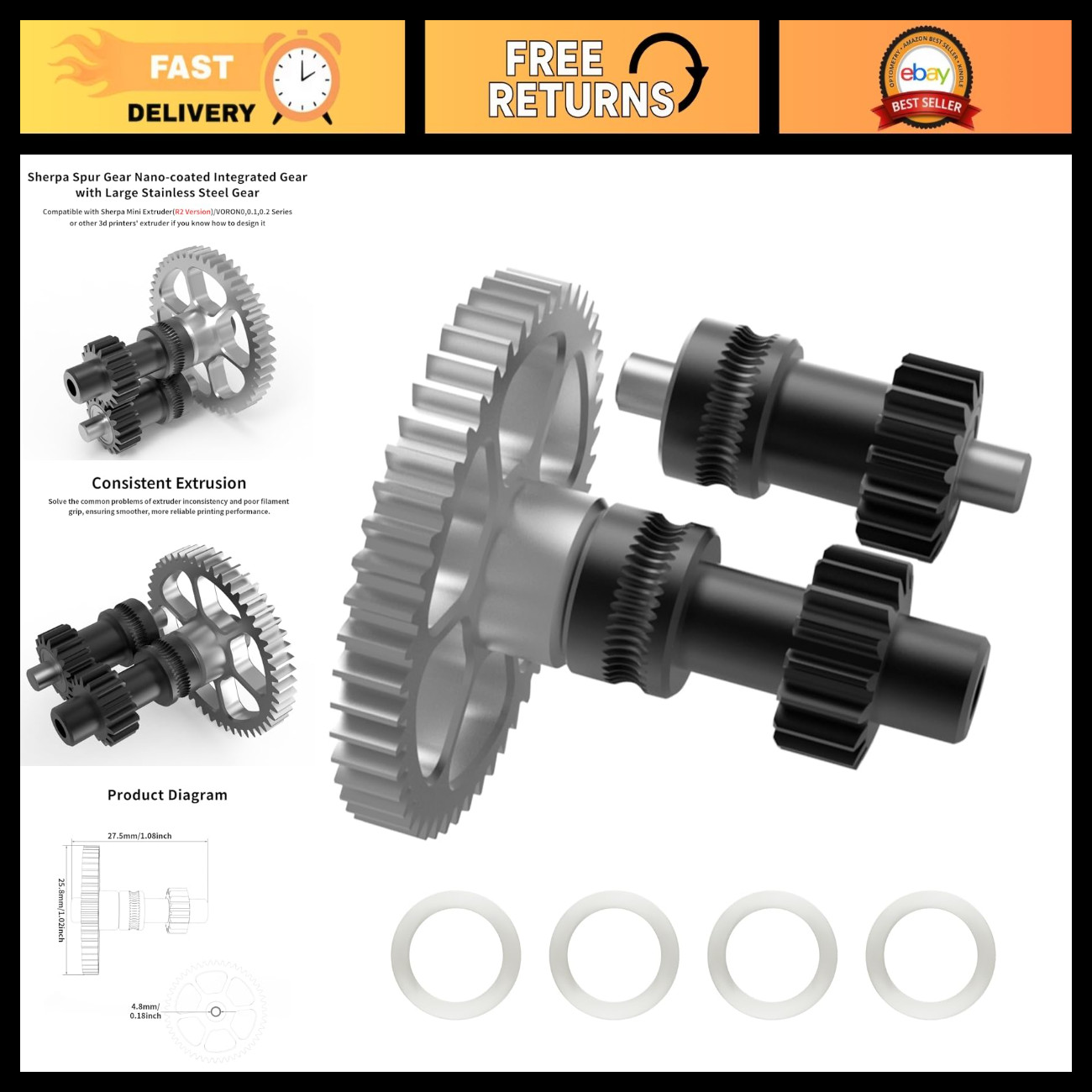 All Metal Mini Extruder Gear Kit - Nano-Coated Spur Gears for 3D Printers, High