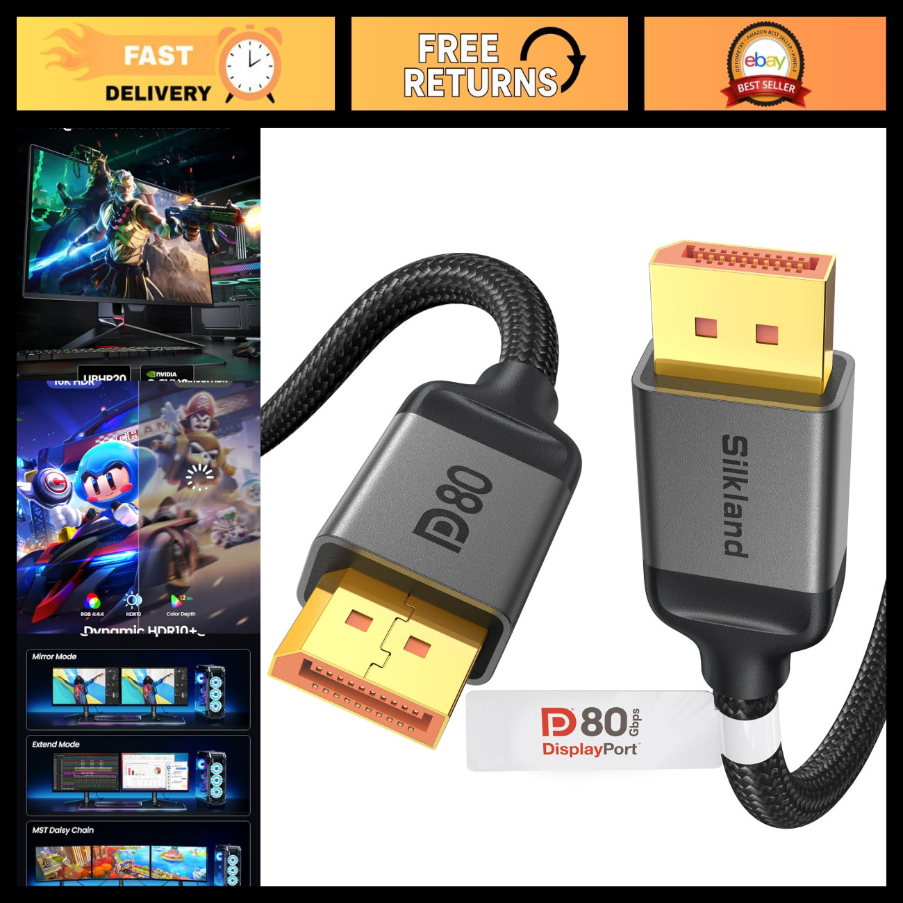 High-Speed 80Gbps DisplayPort 2.1 Cable, VESA Certified, 5FT/1.5M, DP80 HDR