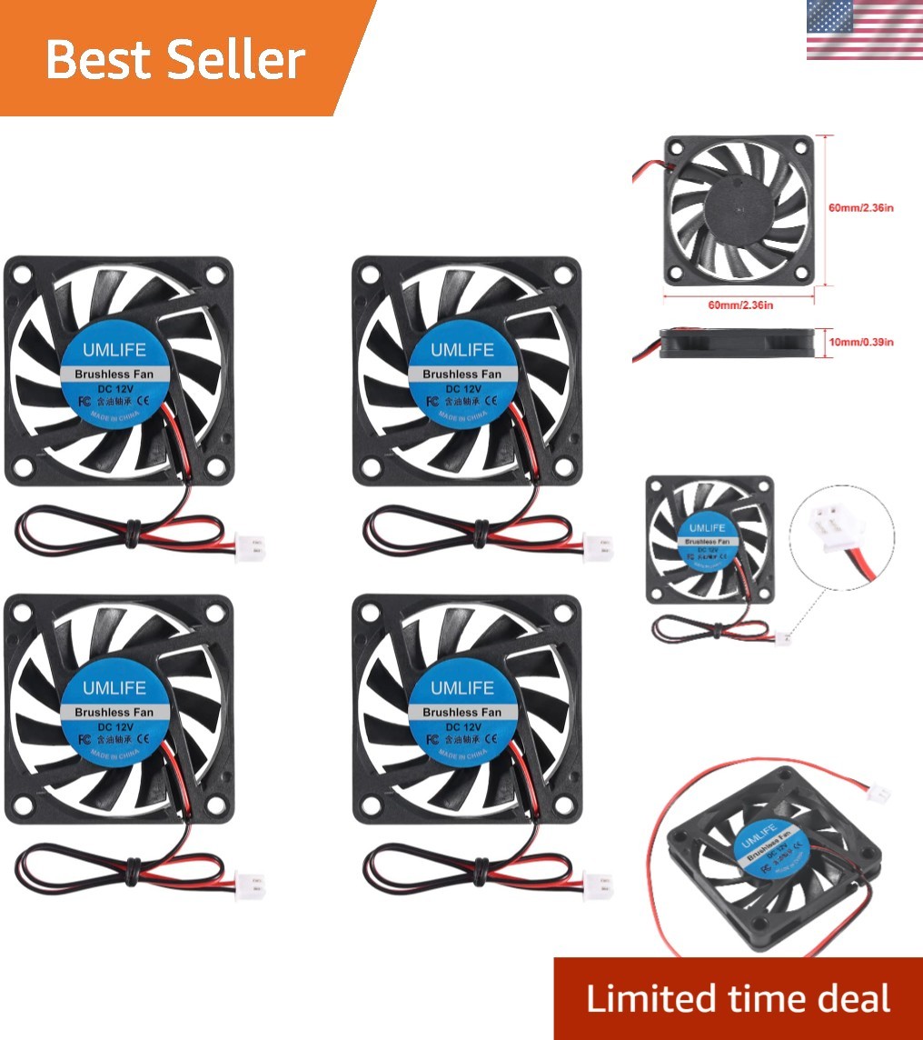 Compact 4-Pack Cooling Fan 60x60x10mm | 12V with 2-Pin Connector & 26 dBA Noise