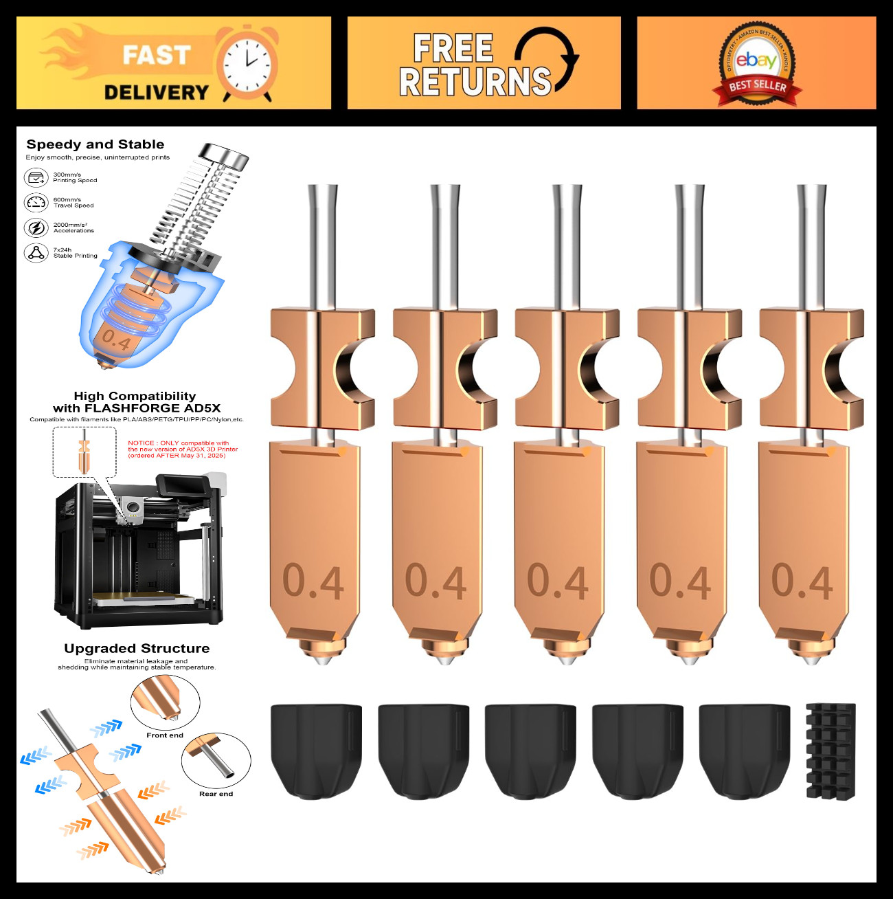 Upgraded Hotend Nozzle Kit for Flashforge AD5X, 0.4mm All Metal, 550°C, 5 Pack