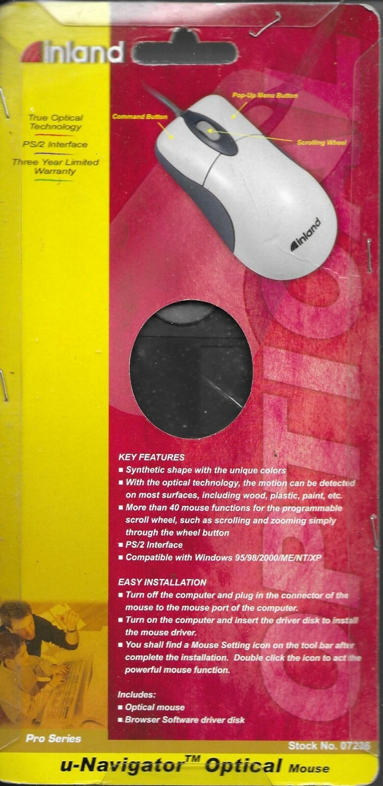 Vintage Inland U-Navigate #7236 PS/2 Interface Programmable Wired Optical Mouse