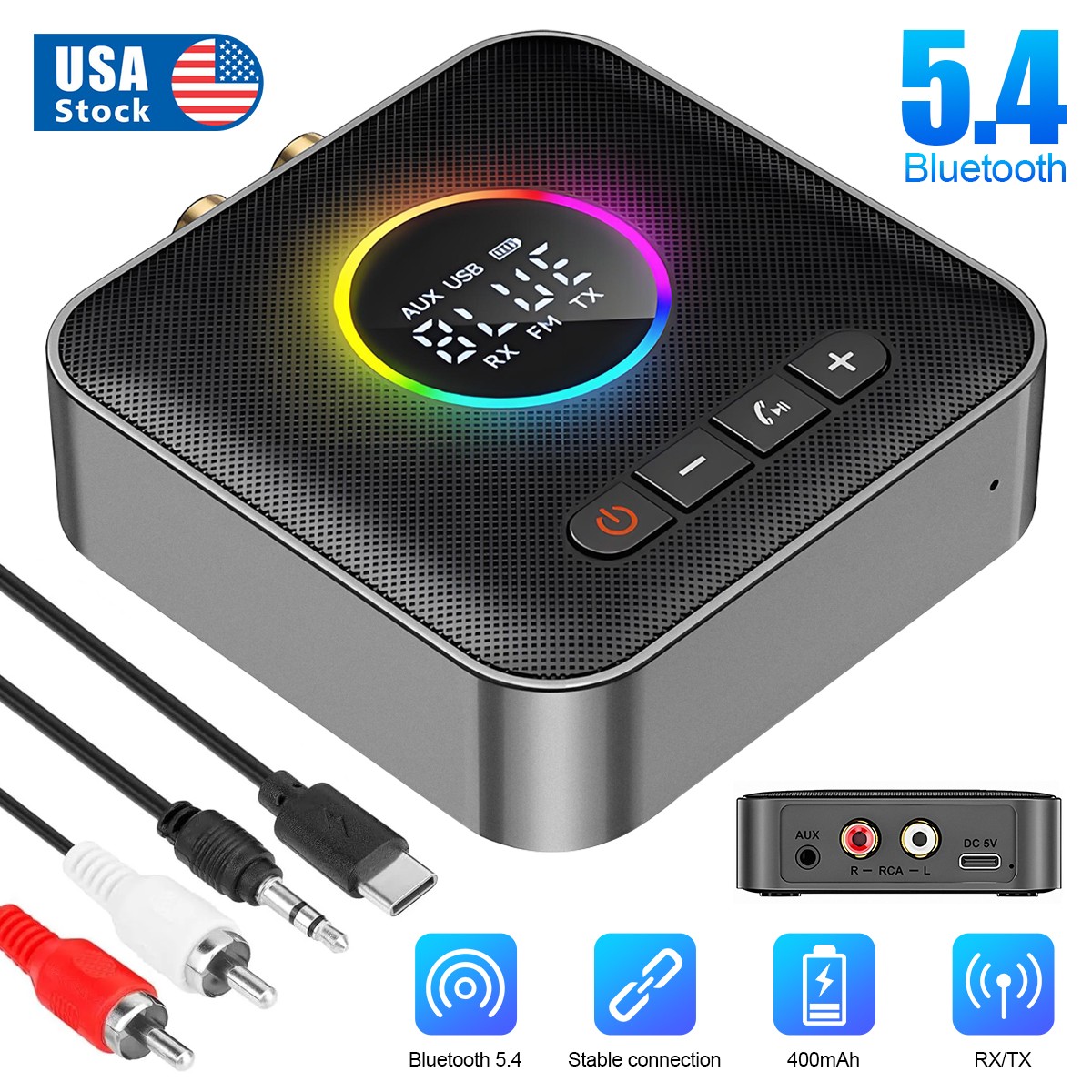 M10 Bluetooth 5.4 Adapter 3-in-1 RX/TX/FM Transmitter w/ LED Display US