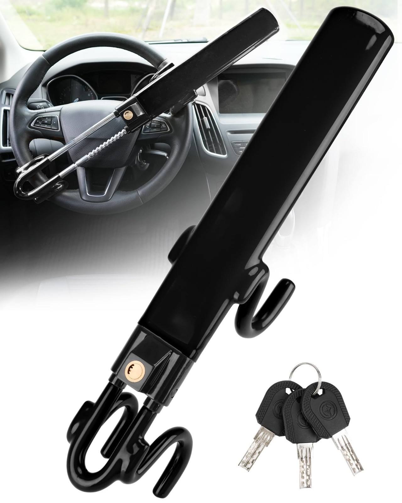 Adjustable Anti-Theft Steering Wheel Lock 4.9-13in Alloy Steel Black 3 Keys