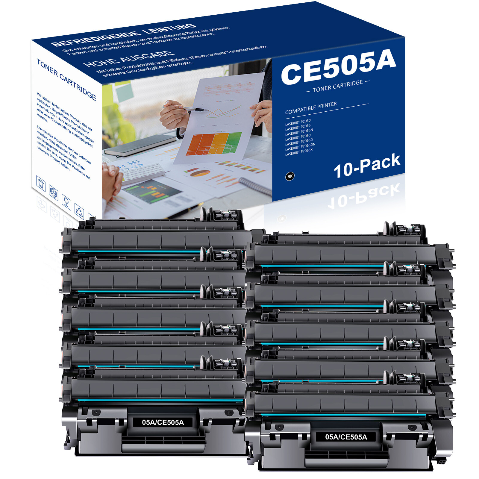 10 Pcs CE505A 05A Toner Cartridge Fits for HP LaserJet P2030 P2035 P2035n P2050