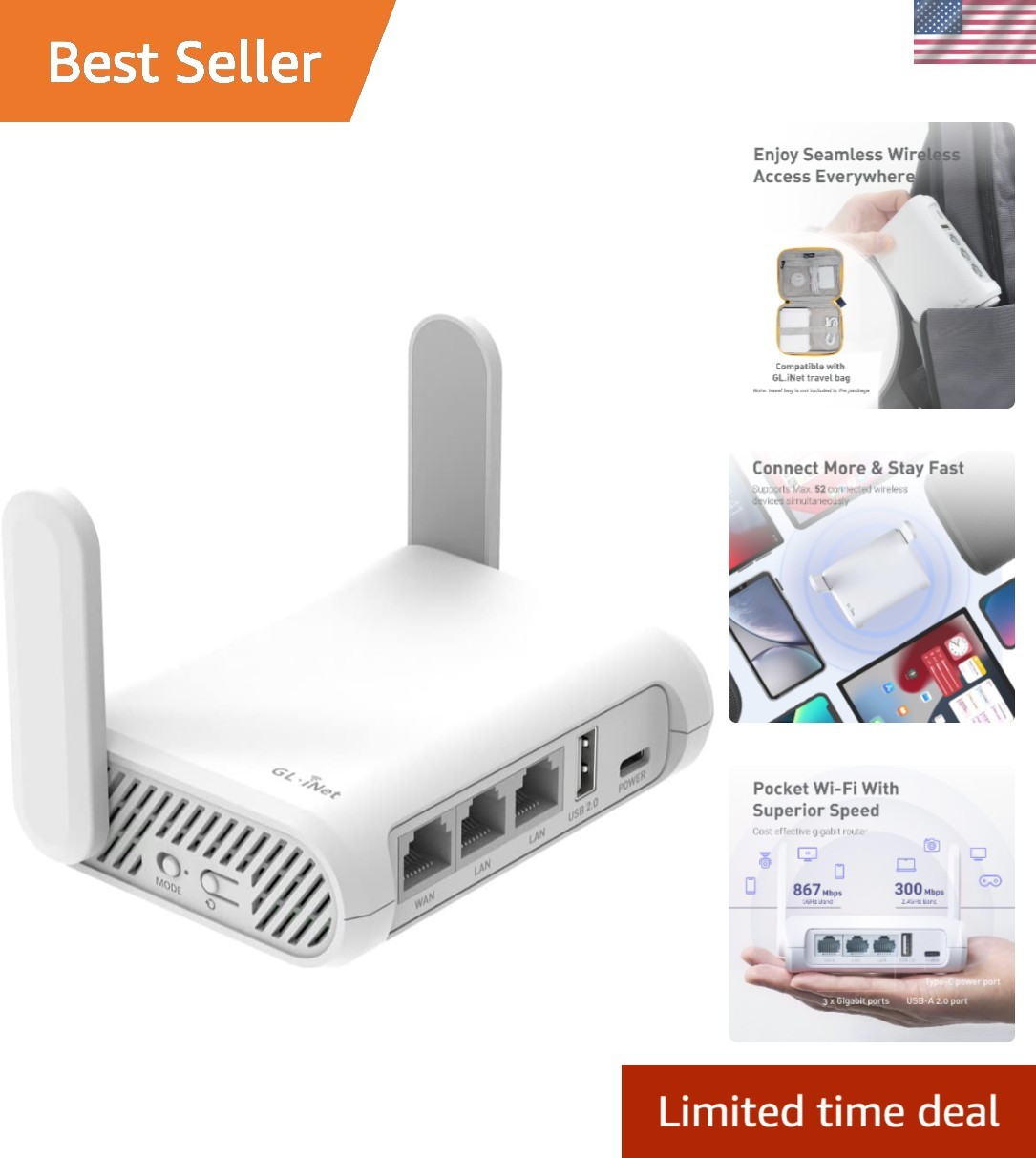GL-Opal AC1200 Dual-Band Travel Router - Compact Wi-Fi with Security Features