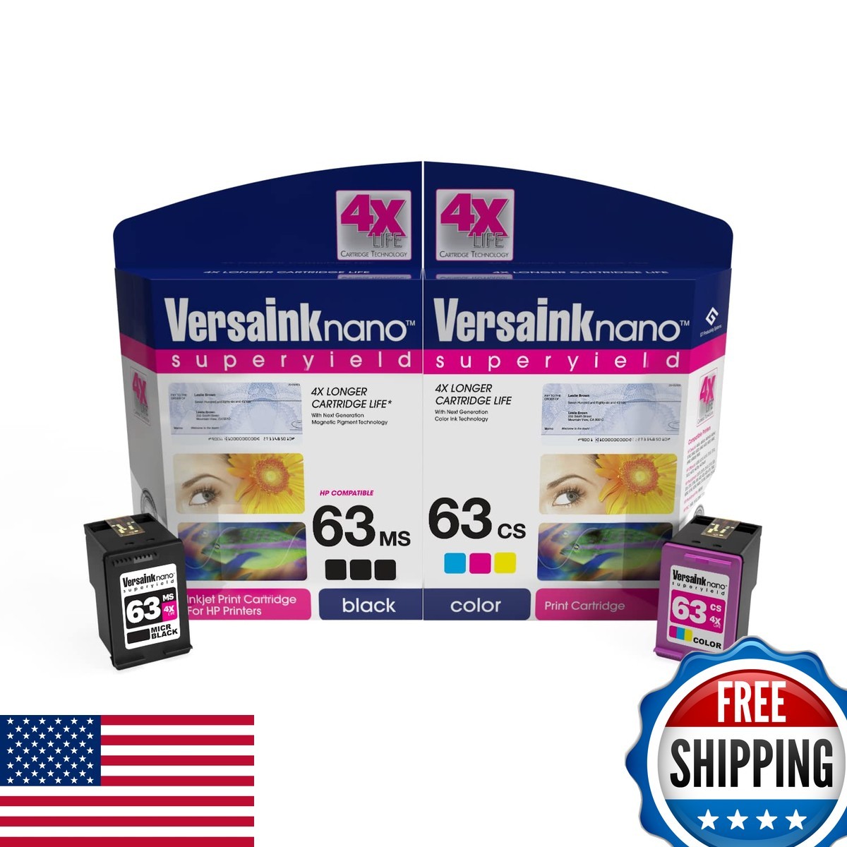VersaInk HP 63 MS Black MICR Ink Cartridge + 63 CS Color for Check Printing