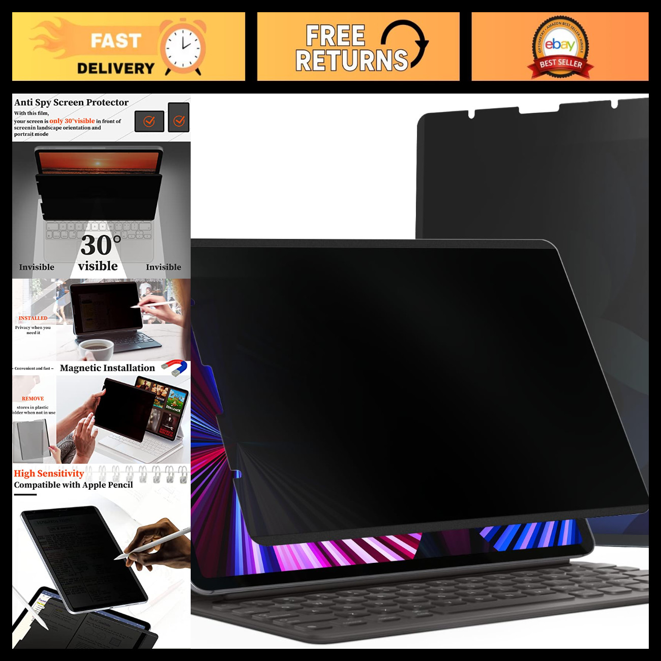 360° Privacy Screen Protector for iPad Pro 12.9" - Anti-Spy, Magnetic, Removable