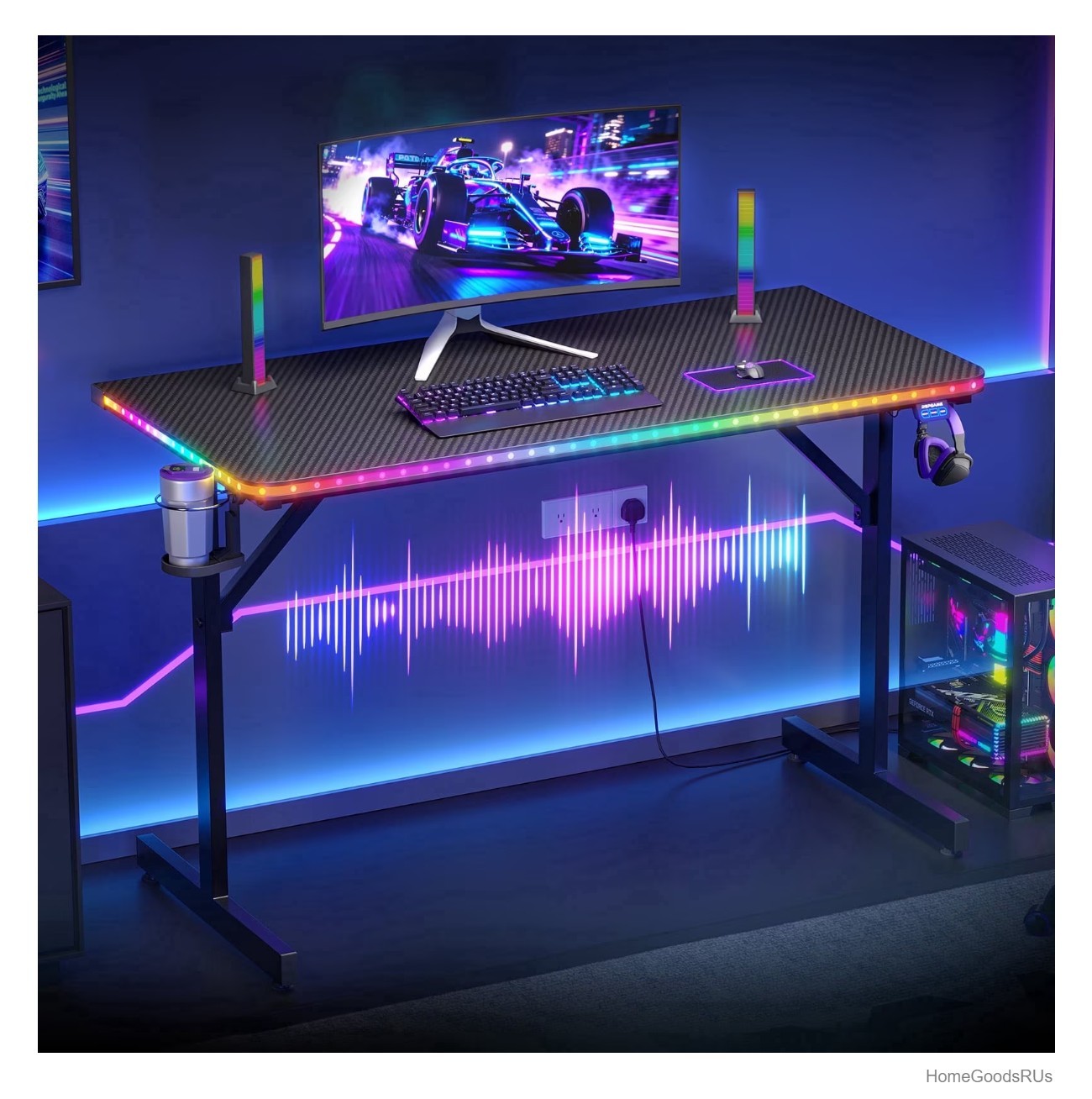 Gaming Desk 43.5 Inch LED Music Sync RGB T-Shape Carbon Fiber PC Computer Table