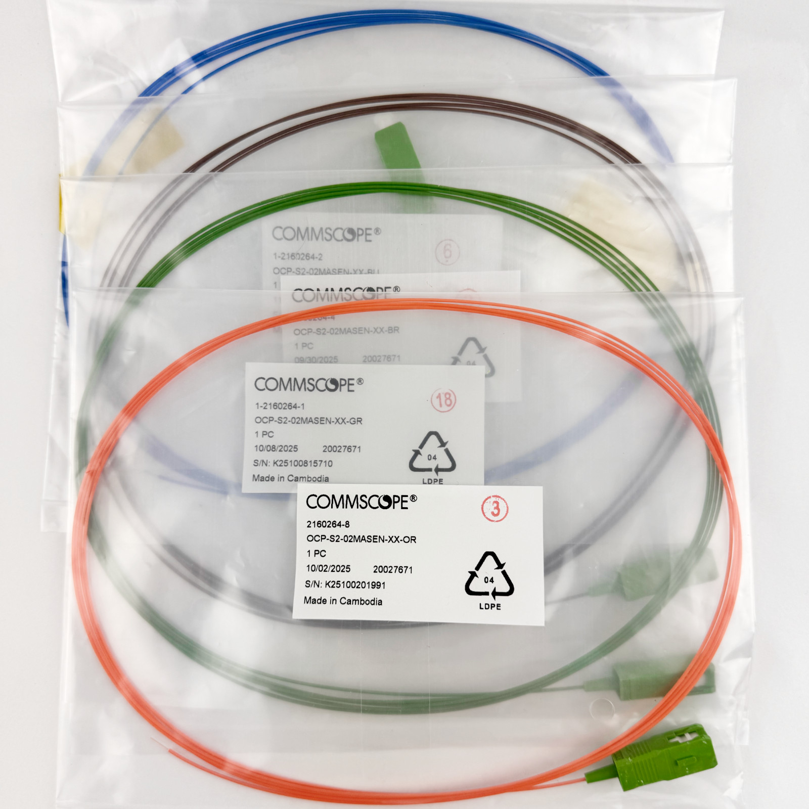 Fiber Optic Pigtail CommScope OCP-S2 SC/APC Lot of 4 Blue Orange Green Brown