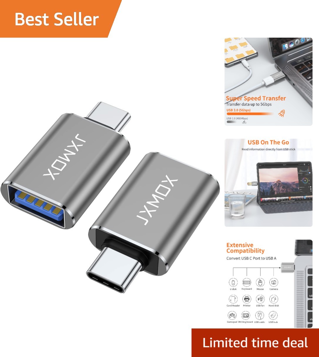 Versatile 2-Pack USB C to USB Adapters - Compatible with MacBook Pro & iPhone 15