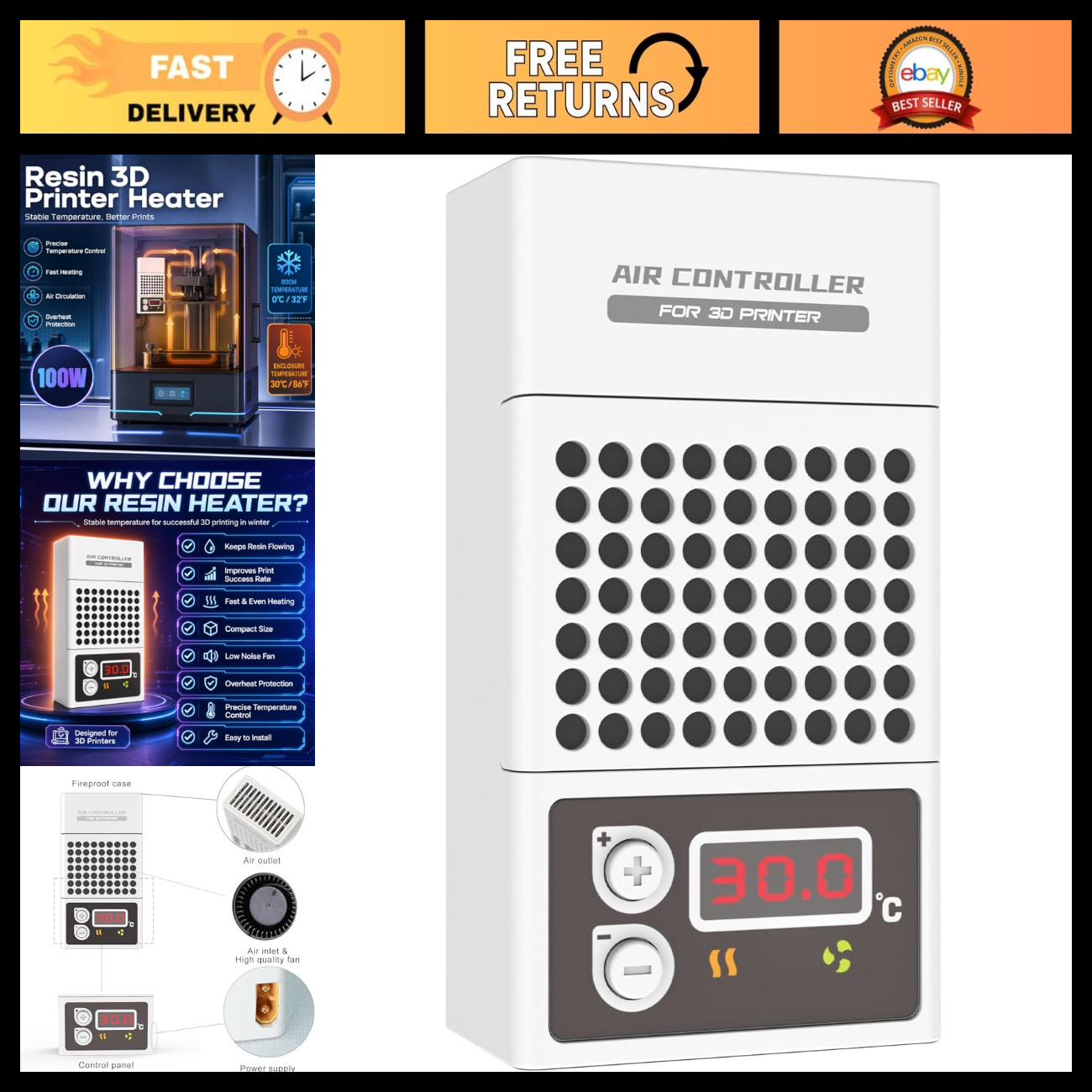Mini Heater for 3D Printers - 100W Temperature Controller & Thermostat for LCD/D