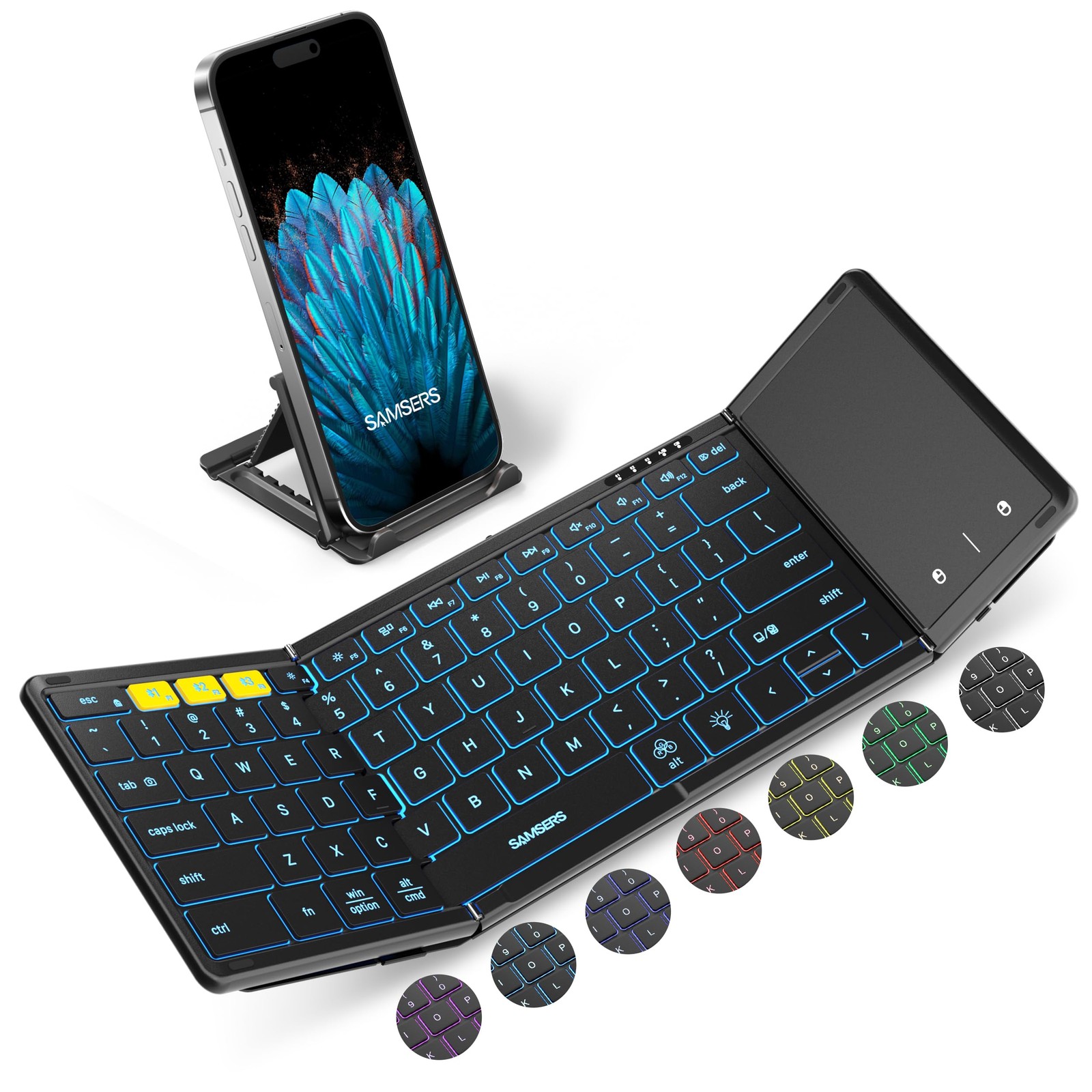 Full-Size Backlit Foldable Bluetooth Keyboard with Touchpad, Black