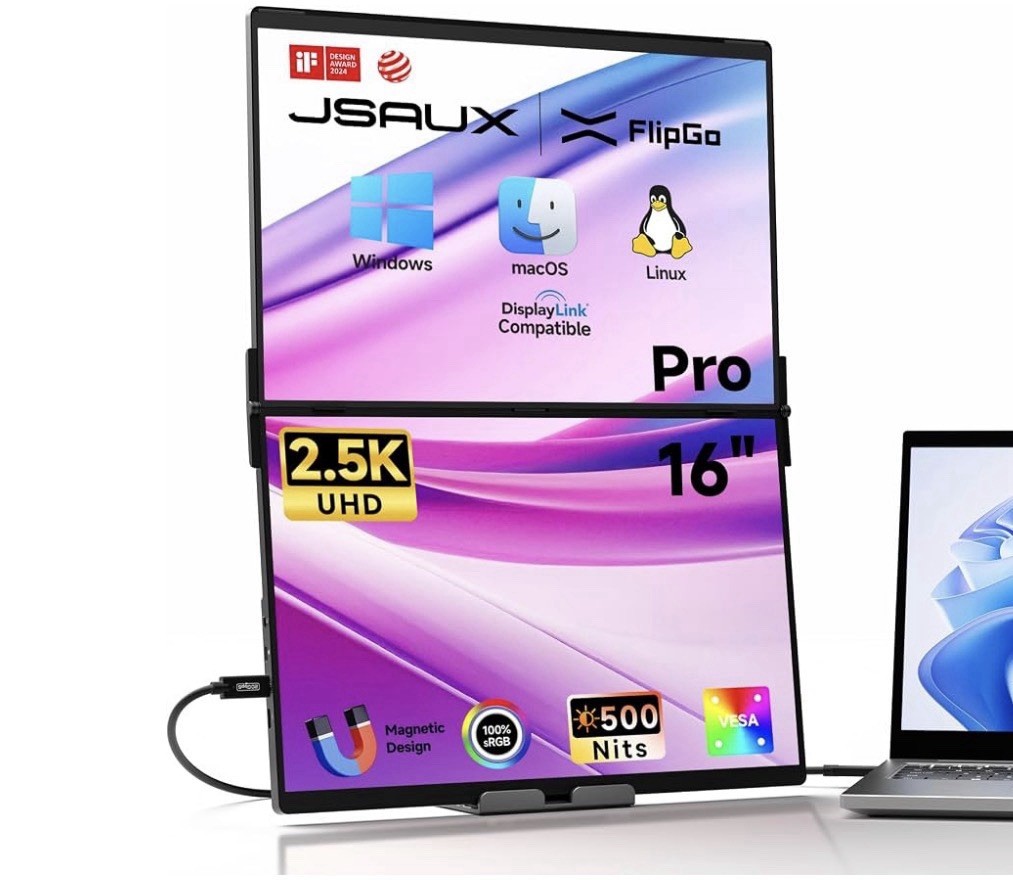 JSAUX FlipGo Pro 16" Dual Stacked Portable Monitor 2560x1600 2.5K PM0205 Laptop