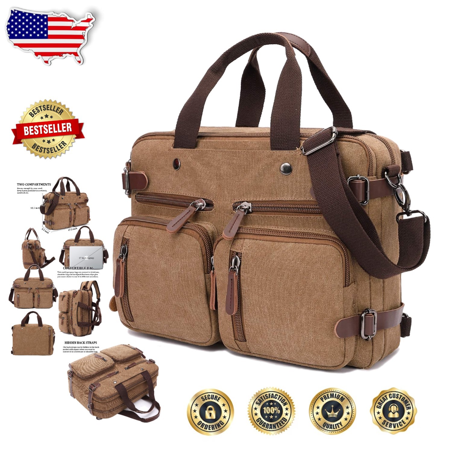 Durable 17.3 Inch Canvas Laptop Bag 3-in-1 Convertible Coffee Work Briefcase