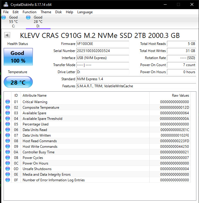 KLEVV CRAS C910G 2TB M.2 2280 NVMe PCIe Gen4 SSD K02TBM2SP0 Open Box 100% Health