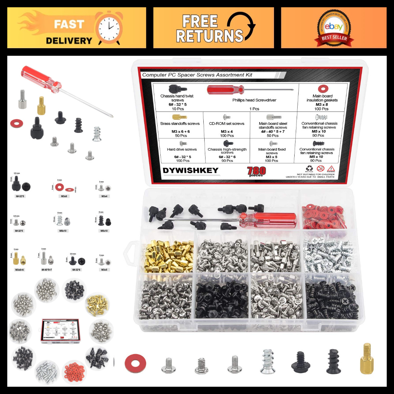 780PCS Computer Screw Kit - Standoffs, Screws & Tools for Hard Drive, Motherboar