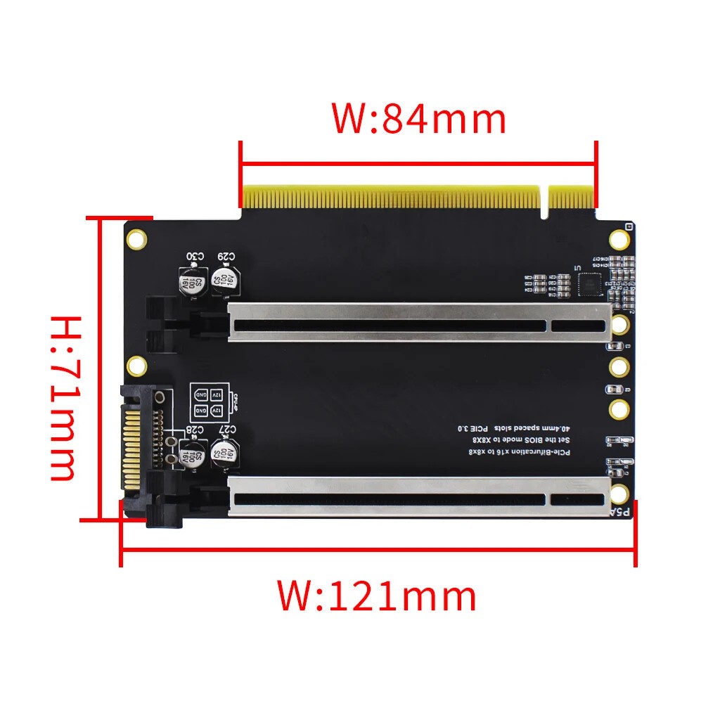 To SATA Card 2 40.4mm PCIe Gen3 Split Card Spaced x8x8 PCIe-Bifurcation to x16 1