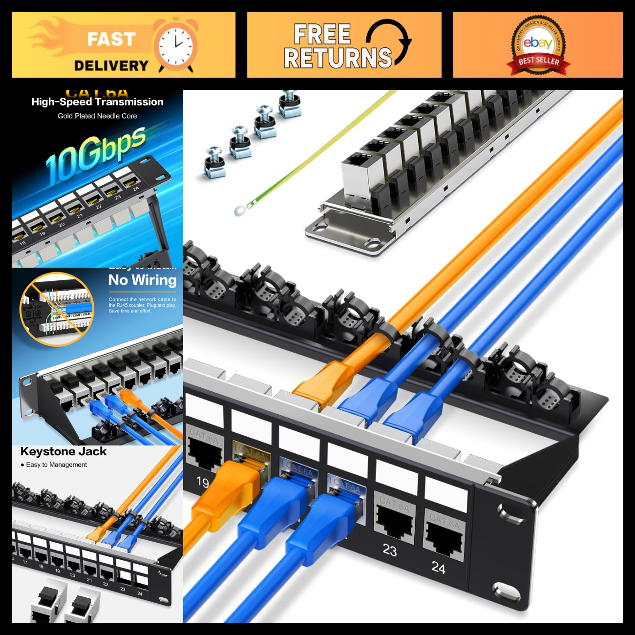 24-Port Cat6A Keystone Patch Panel - 1U 19" Rackmount Network Switch Panel