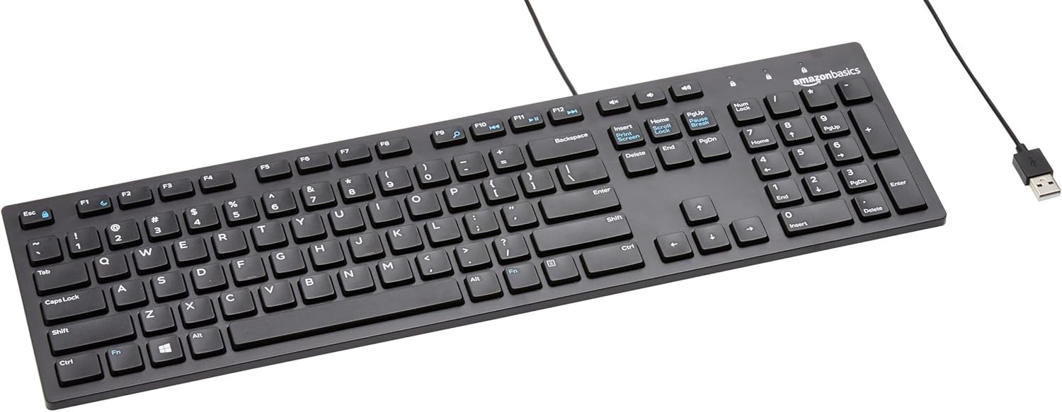 Amazon Basics Wired USB Keyboard Full Size QWERTY Black Windows PC