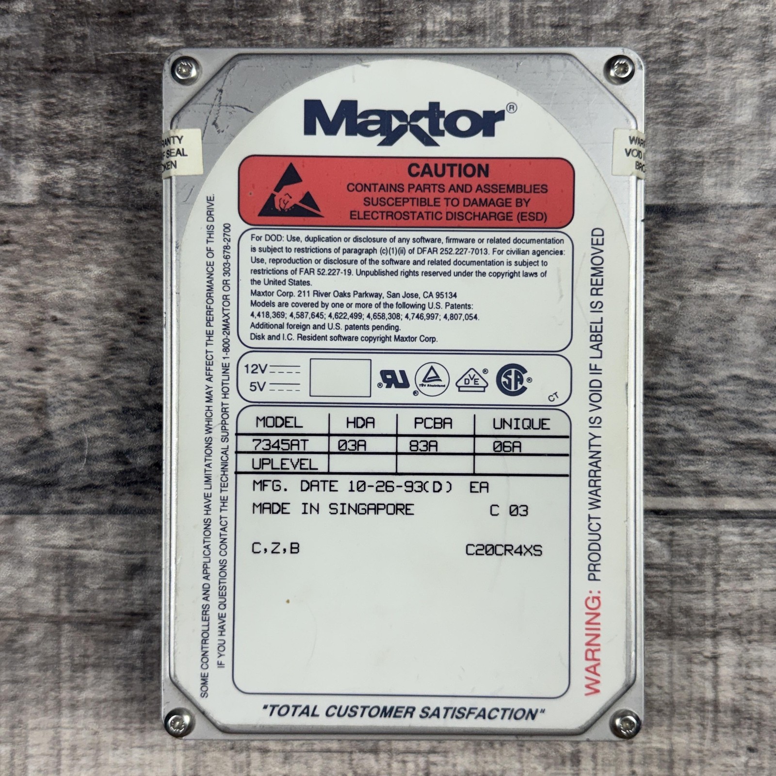 Maxtor 7345AT 3.5in PATA IDE Internal Desktop Drive 1993 Silver Vintage Retro PC