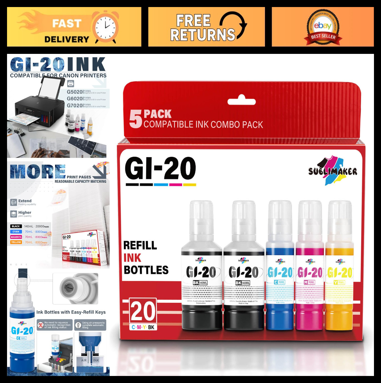 Ink Refill Bottles Kit for Canon MegaTank Printers - 5 Pack (Black 140ML, Color