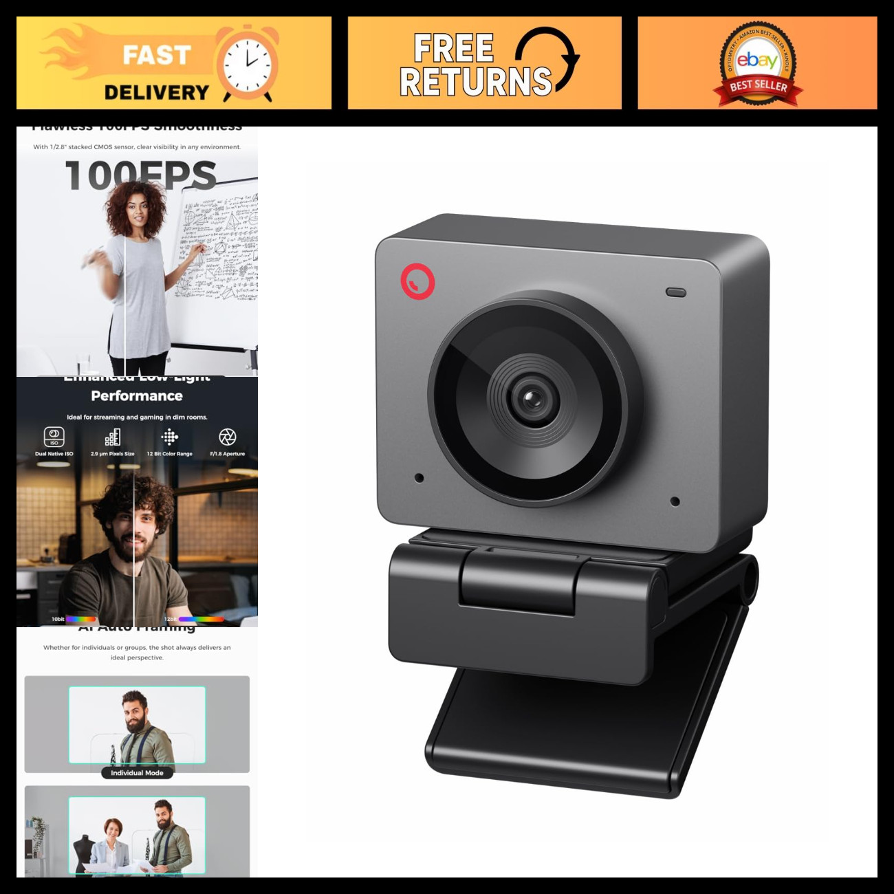 1080P 100FPS Webcam for PC - AI Framing, Streaming Camera, Video Conferencing