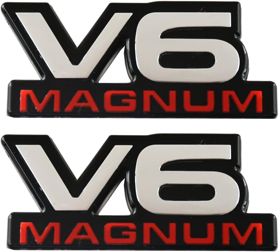 2Pcs V6 Magnum Emblems Fender Door Nameplate 3D Badge Stickers Logo Chrome Red