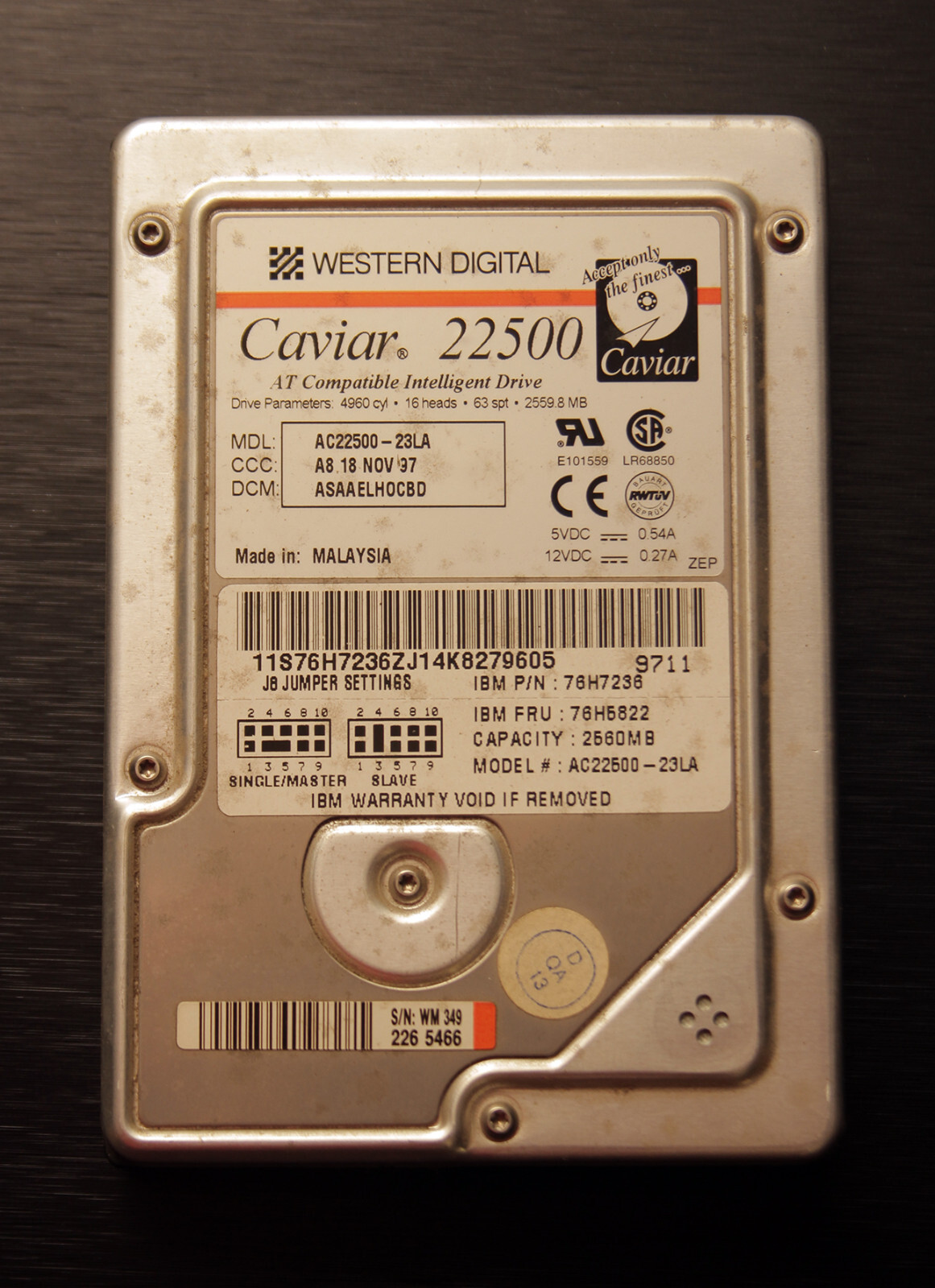 Hard Disk Drive IDE Western Digital Caviar 22500 AC22500-23LA A8 18 NOV 97
