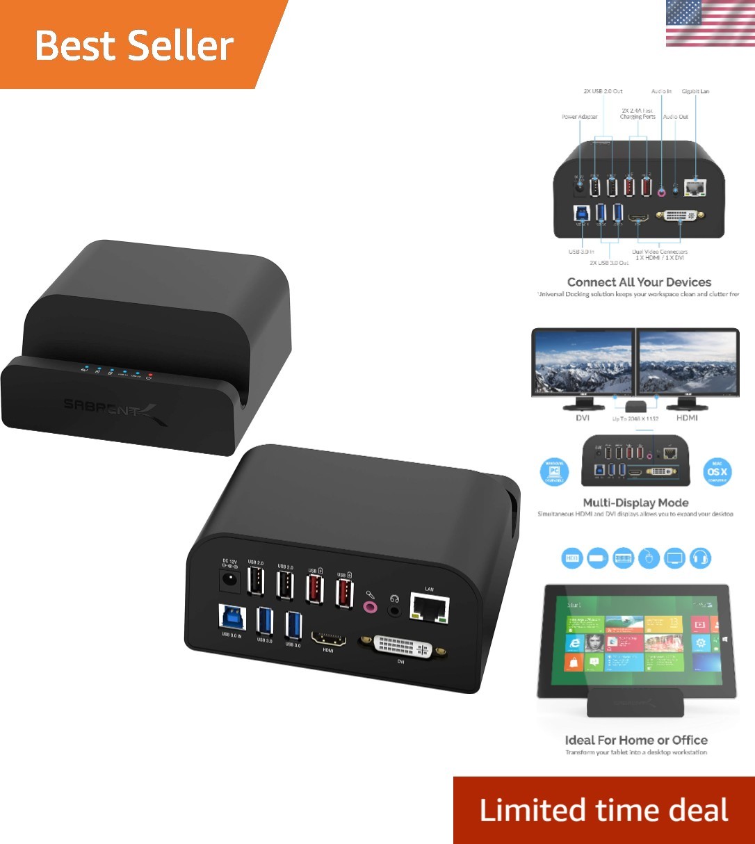 Universally Compatible Docking Station with 7 Ports & 120W Power - Black Edition