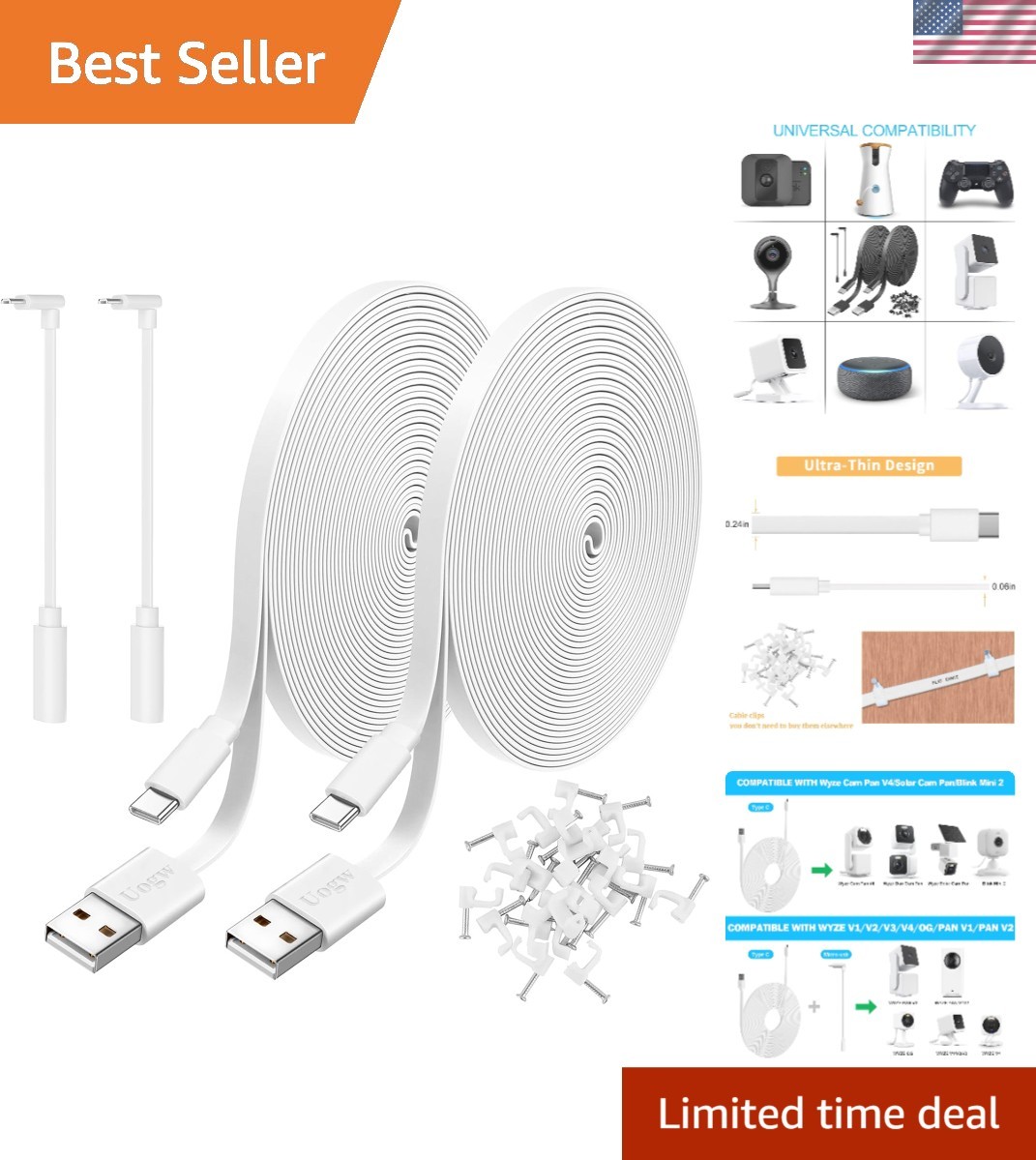 Versatile 10FT Power Extension Cable - Ideal for Wyze, Blink & Eufy Cams