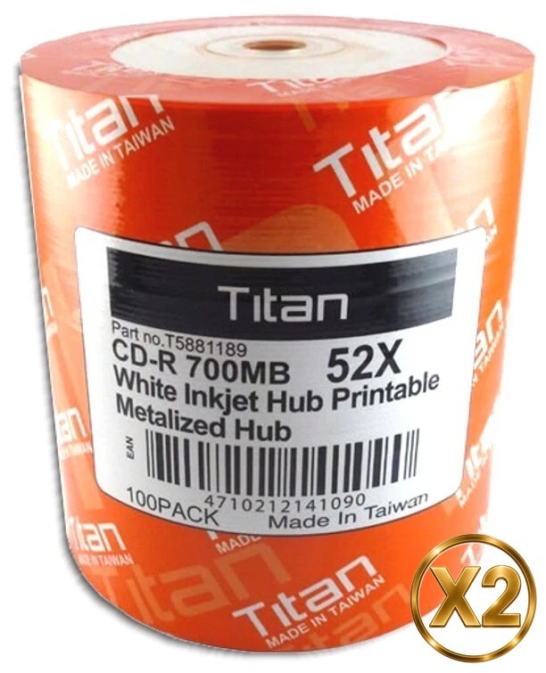 200-Pak TITAN White Inkjet Hub Printable 52X 80-Min CD-R's